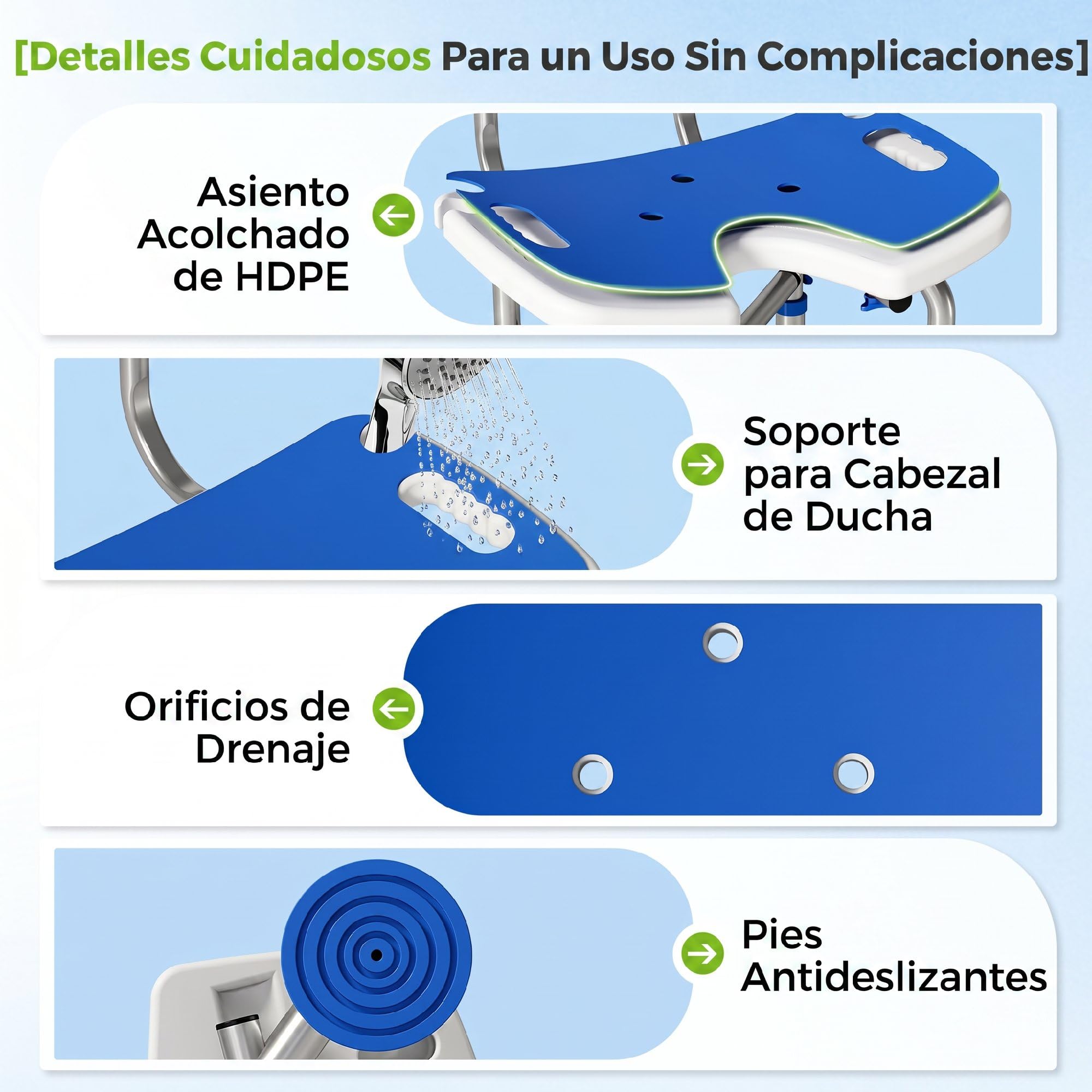 HOMCOM Silla Ducha Personas Mayores con Respaldo Antideslizante 150 kg | Altura Ajustable en 5 Posiciones, Soporte para Alcachofa, para Ancianos y Discapacitados
