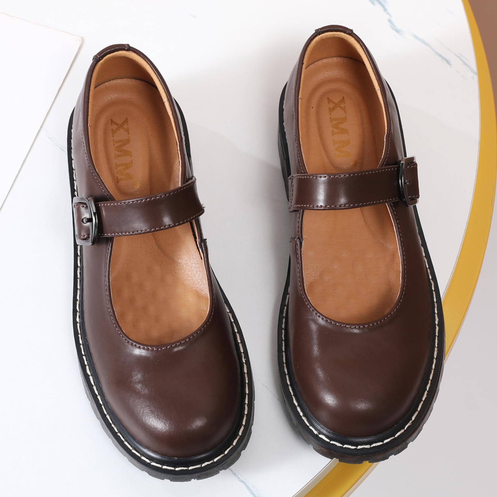 XMM Mary Jane Shoes Women Oxford Shoes Leather Round Toe Flats Non-Slip Ankle Buckle Strap Comfort Casual Dressy Cosplay Party School Work Shoes