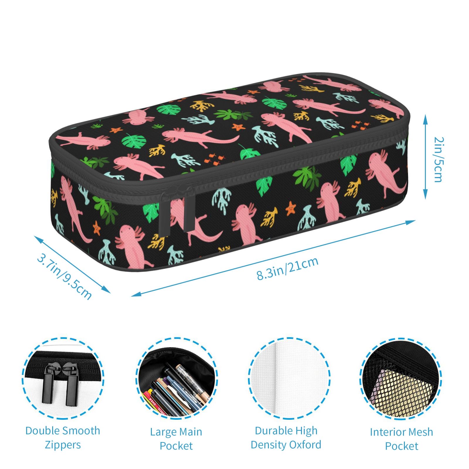 GardEssere Axolotl Large Pencil Case Aesthetic Big Capacity Cute Pencil Box Pouch with Zipper Pencil Case for Girls Boys Kids Cosmetic Bag for Women for School Office Black - Image 4