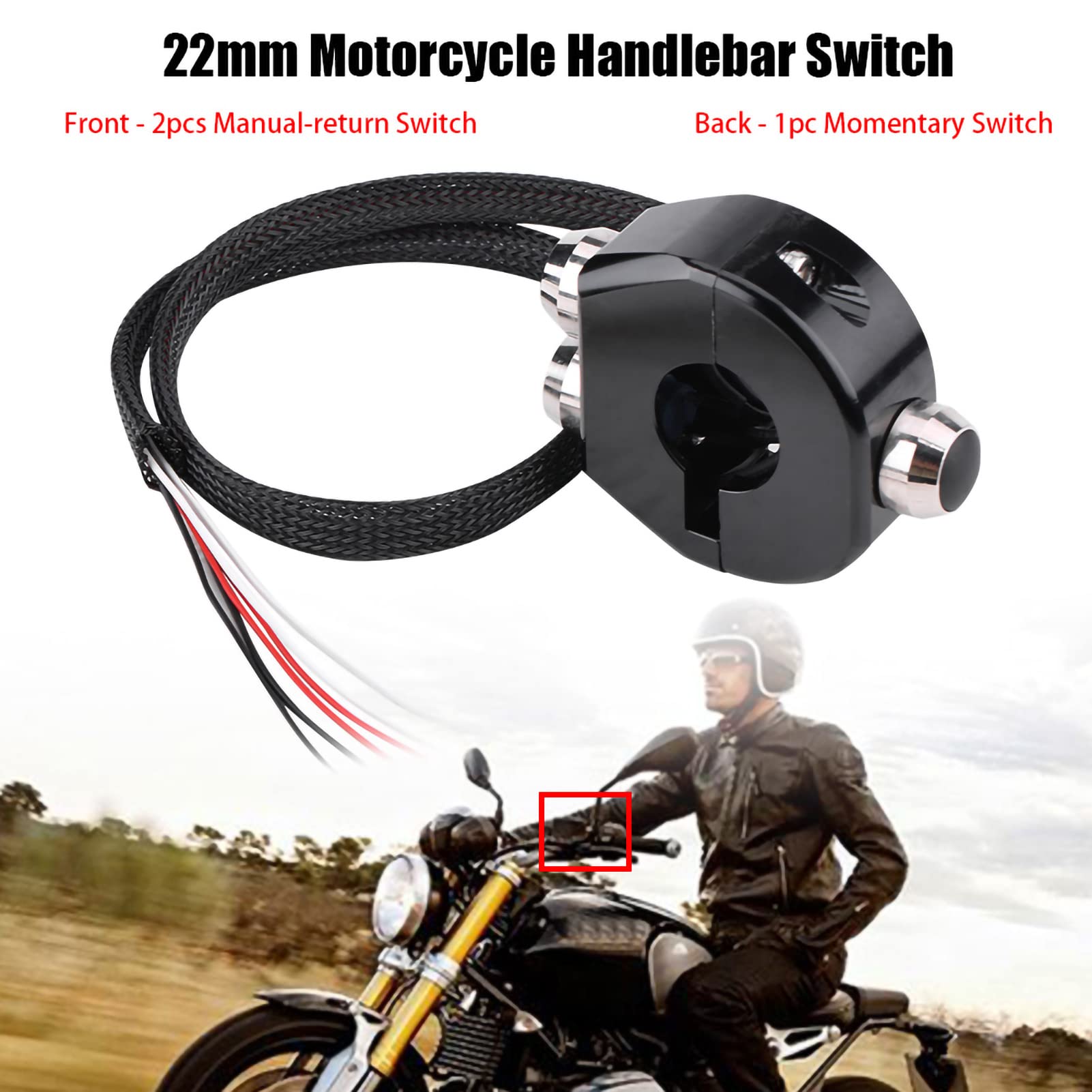 Stop aluminium CNC 22 mm Przełącznik na kierownicę motocykla Chwilowy zatrzask Przycisk resetowania Klakson Rozruch zasilania silnika Przełączniki zabijania dla instalacji (Czarny)