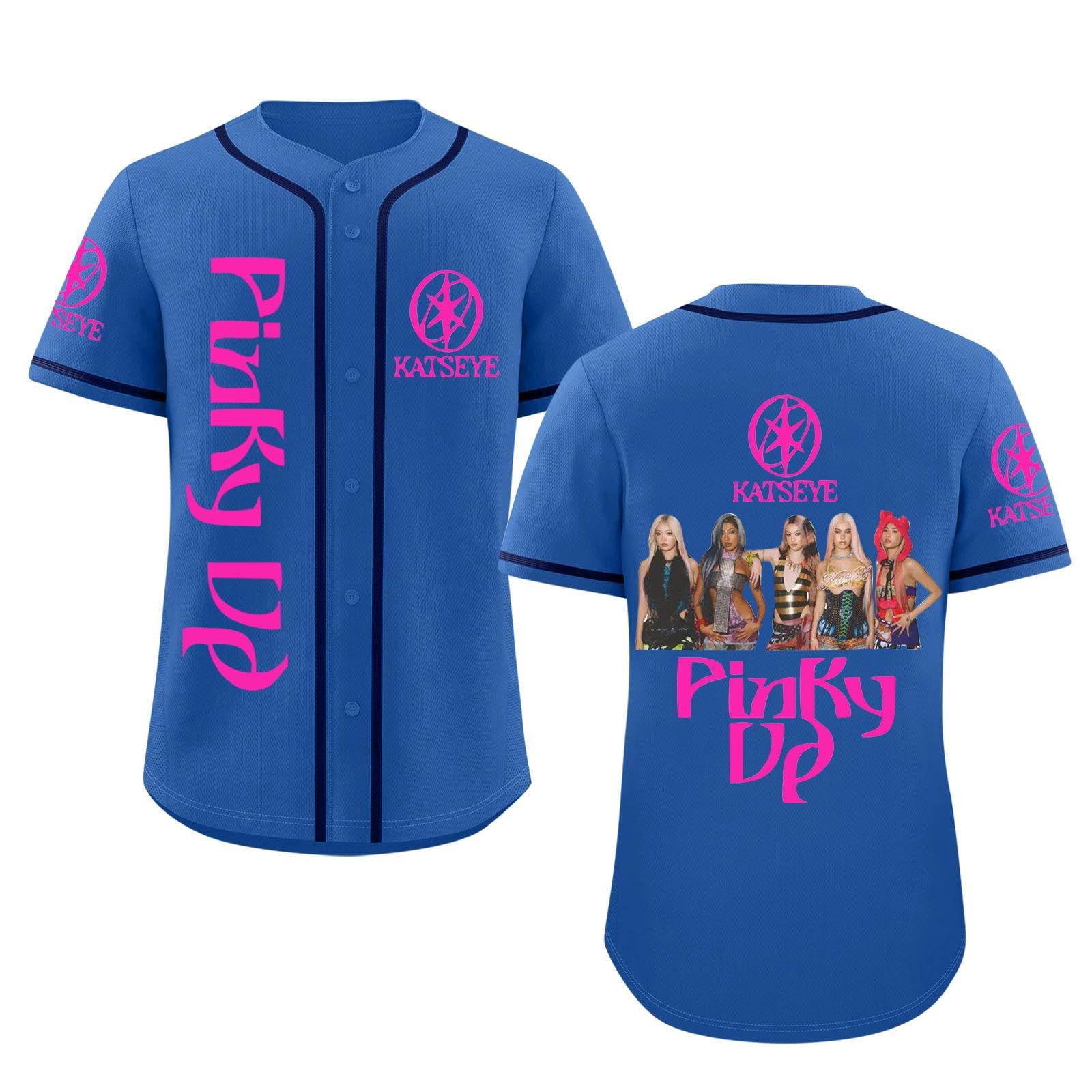 Katseye Tshirt Beautiful Chaos Album Pinky up Baseball Jersey Short Sleeve Button Down Casual Hip Hop Katseye Merch Baseball Jersey for Fans Men Women 02-Blue S