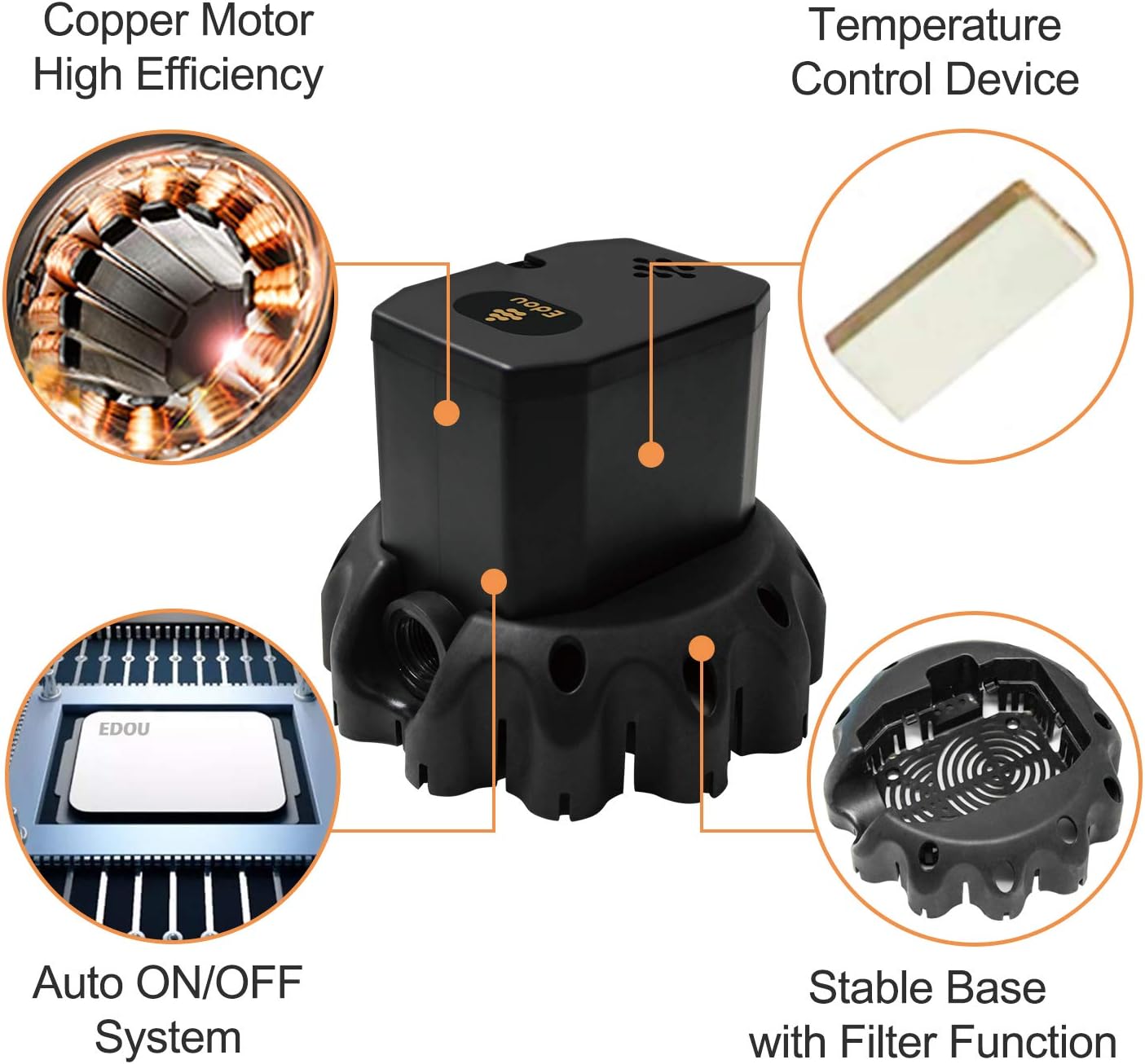 EDOU Automatic Swimming Pool Cover Pump Submersible Water Pump,1200 GPH,1/6-HP,110V,Including 16' Drainage Hose and 3 Adapters,Ideal for Water Removal,Black