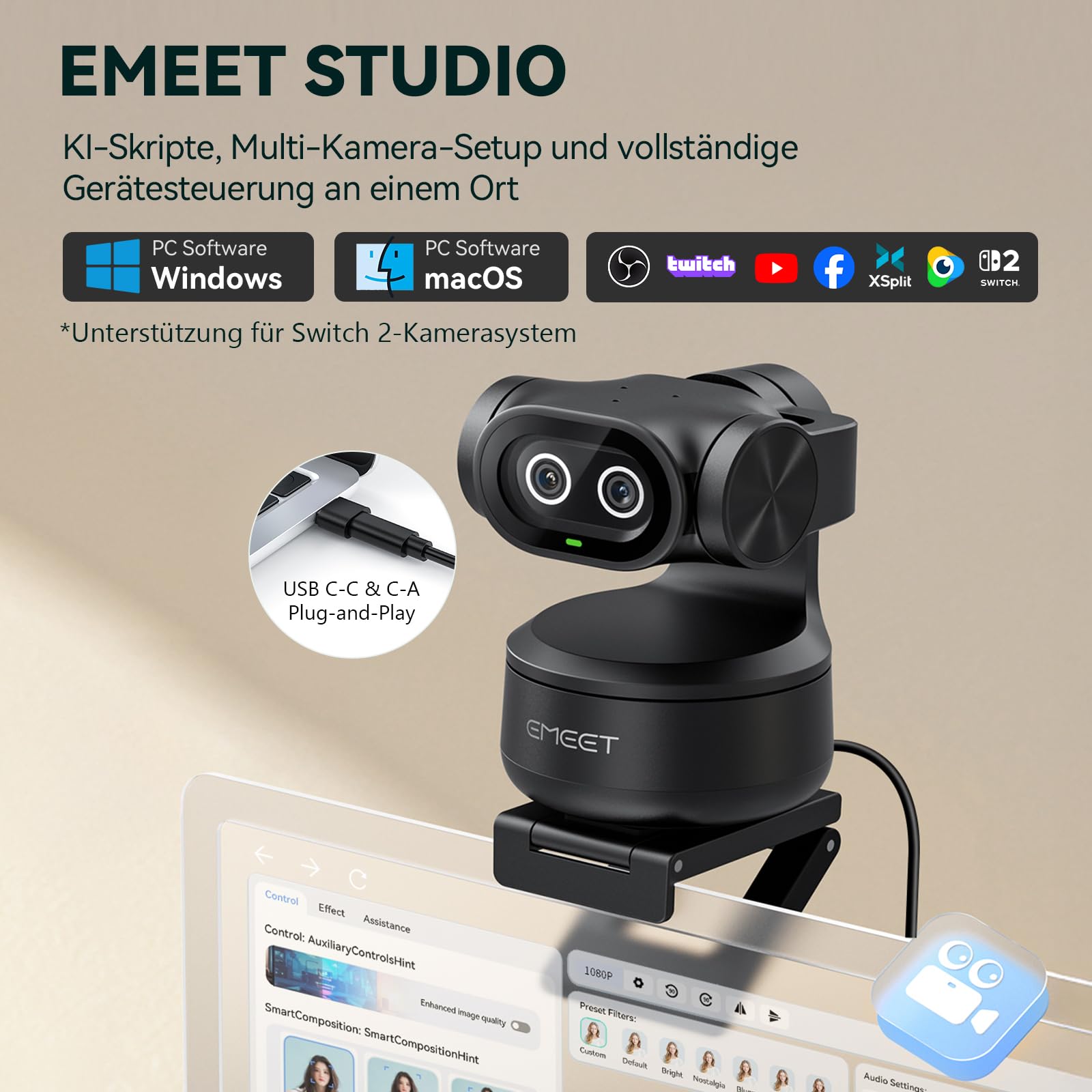 EMEET PIXY Dual-Kamera KI-gestützte PTZ-Kamera 4K, KI-Tracking, 0,2 s Schneller Fokus, mit Sony-Sensor, 3 Mikrofone, Gestensteuerung, 4K Webcam für Streaming und kompatibel mit OBS/Twitch/Switch 2