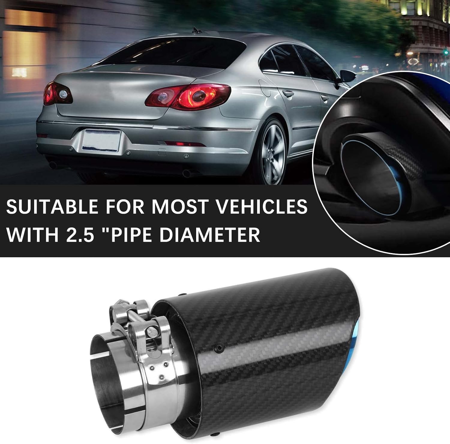 Carbon Fiber Exhaust Tip,2.5" Inlet 3.5" Outlet 2.5" Length Punta de Escape Para Carro Baked Blue Stainless Steel Tail Pipe Exhaust Tips Muffler Tip Compatible with Dodge Charger M3 M5 Kia Ford