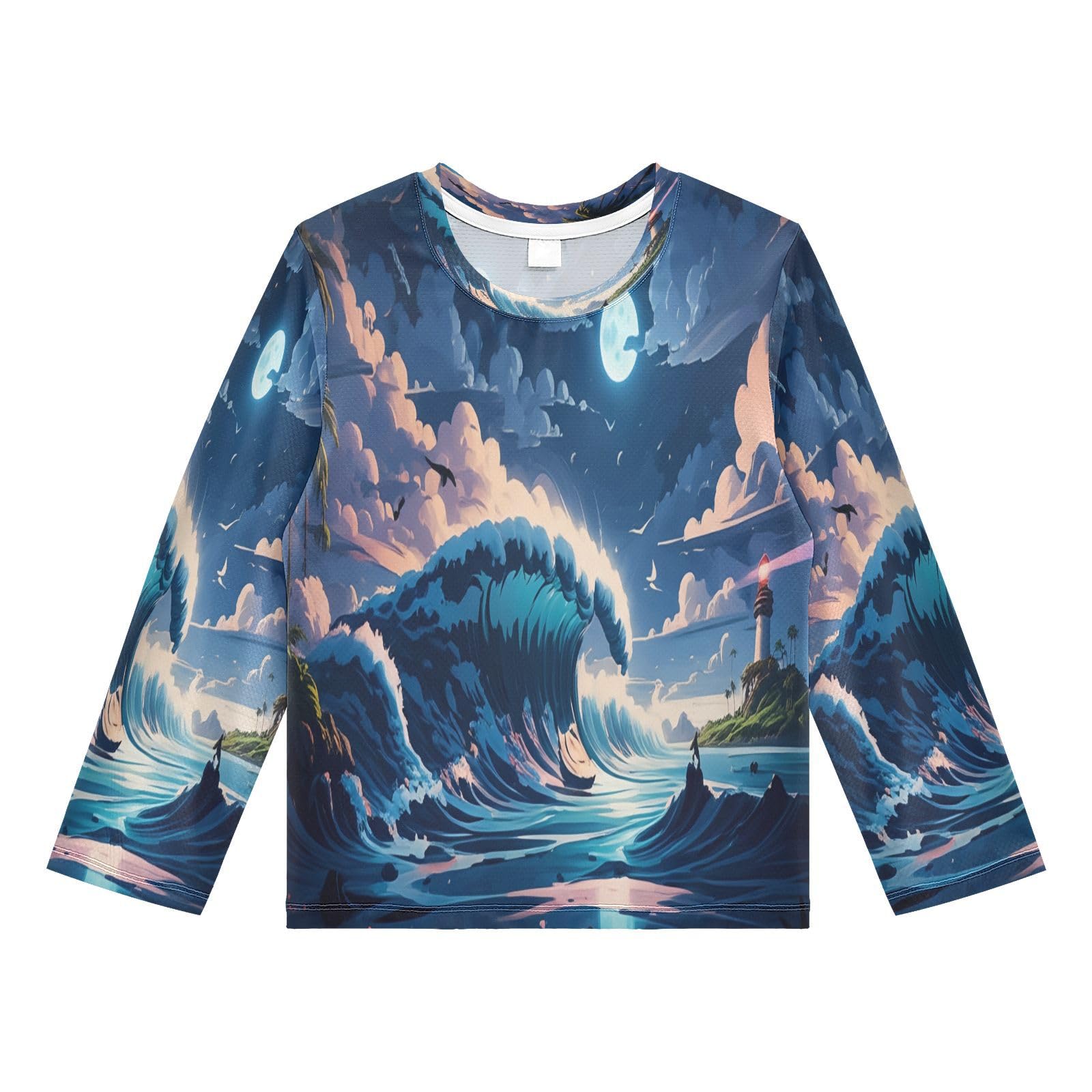 DOMIKING Ocean Lighthouse Blue Boys Long Sleeve Rashguard Shirt Kids Quick Dry Swim Shirt for Kids Toddler 11-12T