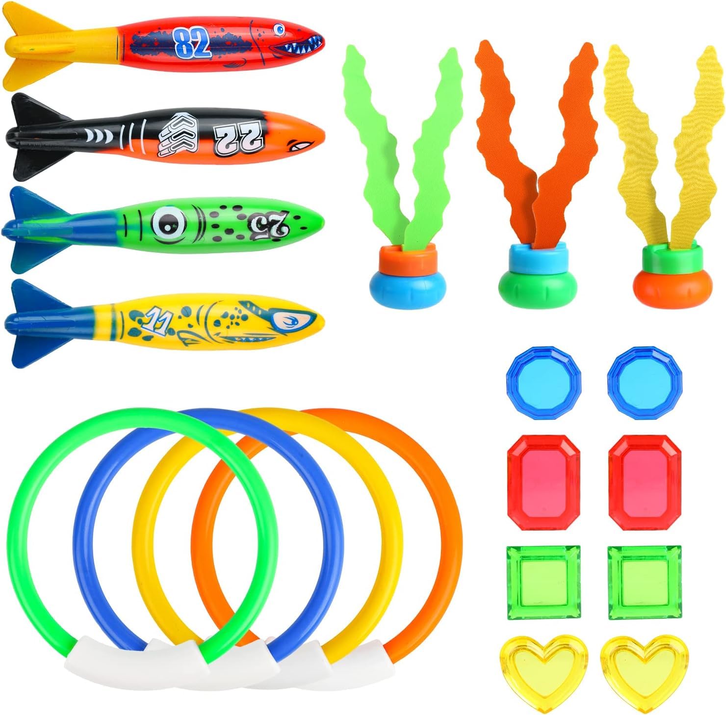 DERAYEE 20pcs Jouet de Plongée,Jouets Piscine Enfant avec Torpilles & Anneaux & Algues & Diamants