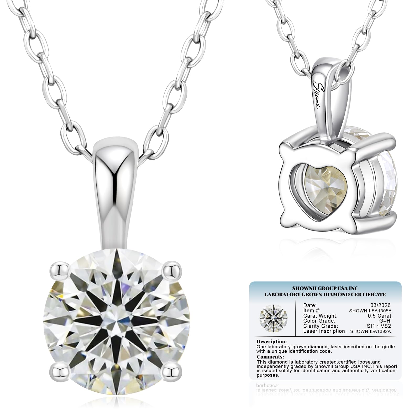 shownii 0.5CT LAB GROWN Diamond Solitaire Pendant Necklace for Women