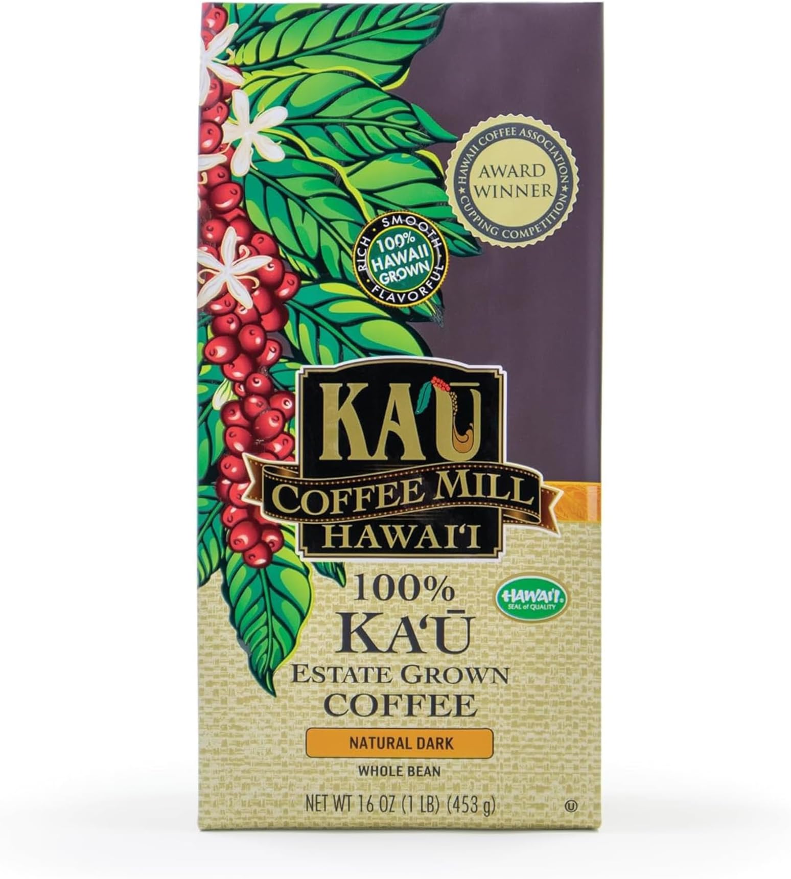 - Ka'u Coffee Mill Natural Dark Roast Whole Bean Coffee - Fruit, Spice, Cocoa & Molasses Notes - Handpicked & Naturally Processed Hawaii Grown Arabica Beans - Gourmet Premium Small Batch - 16oz