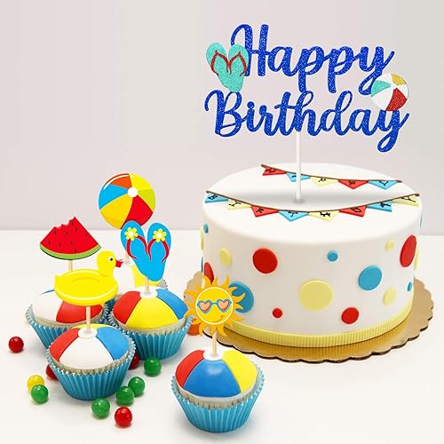 Miniatura 6 de Kit de decoración de fiesta de cumpleaños con temática de playa, banderines de fiesta temática de playa, decoración de pasteles, fiesta de piscina,