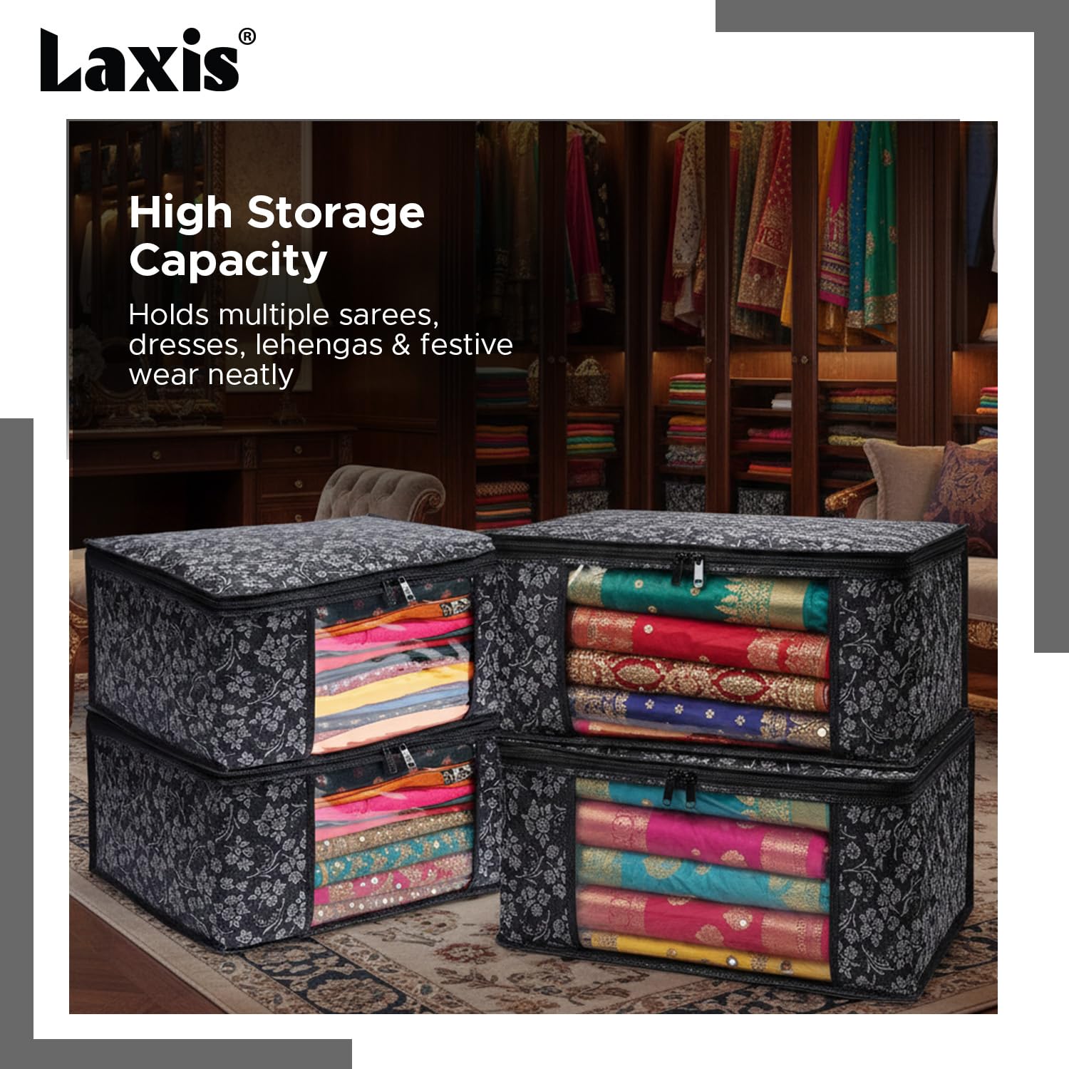 LAXIS® Saree Covers With Zip Non-Woven Printed Saree Cover/Saree Organizer For Wardrobe/Cloth Storage With Transparent Window/Saree Bags Storage/Clothes Organizer (Black- Pack of 3) 3