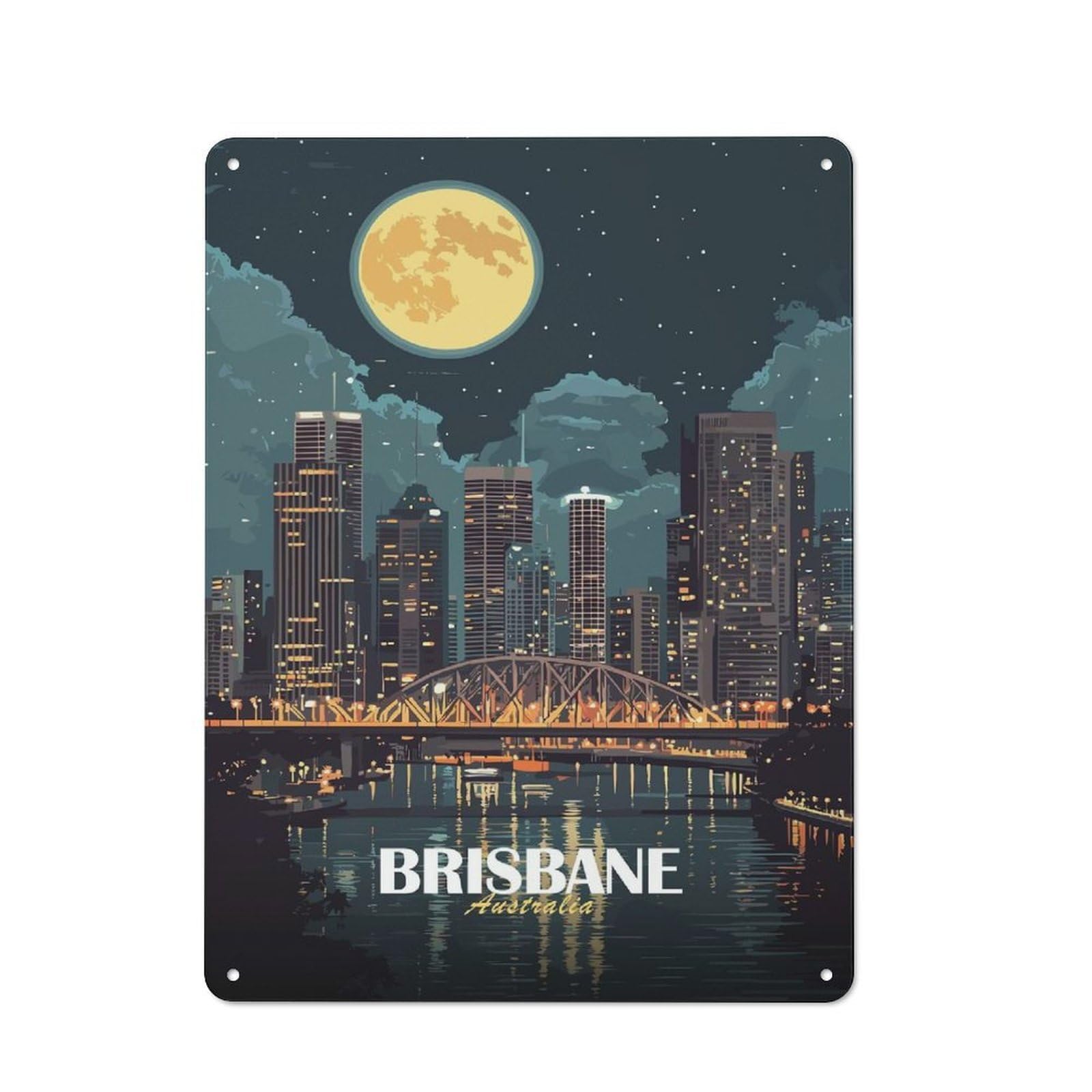 Junmoney Style-23 Brisbane Australia Cityscape At Night Vintage Metal Sign 40X30cm, Vintage Bistro Wall Plaque For Coffee Bar, Small Shop Or Dining Room