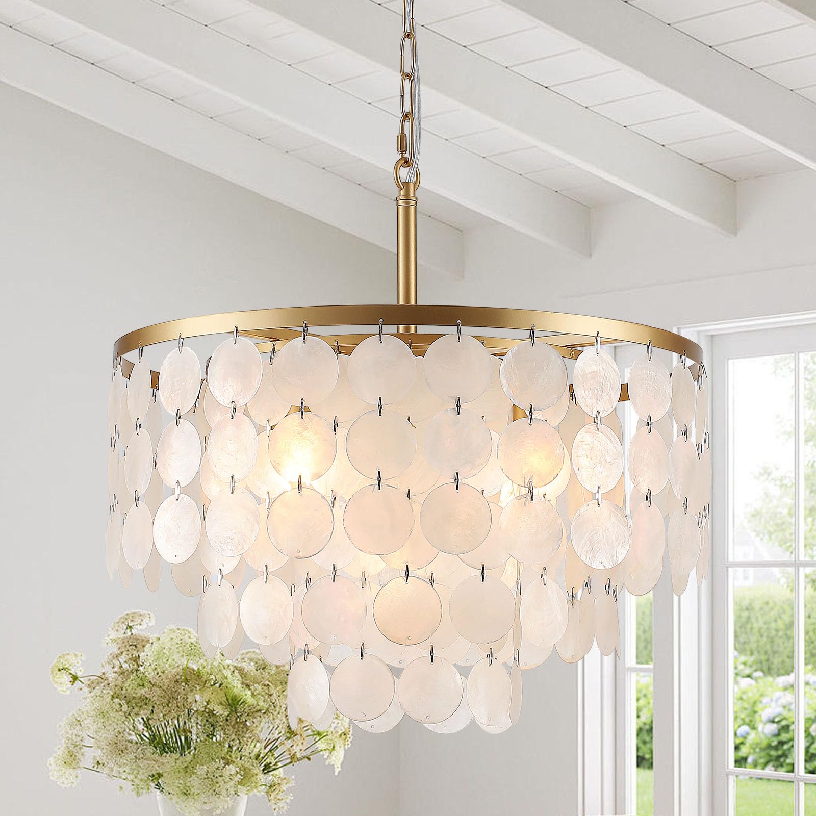 Gold Boho Chandelier, 5 Lights Capiz Shell Pendant Lighting Fixtures with Adjustable Suspension Chains, Modern Gold Ceiling Light with Seashell Shade for Bedroom, Living Room, Hallway, E14 Base