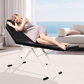 Salon Beauty Recliner Foldable Massage Table Tattoo Bed Couch Spa Chair Portable Folding Therapy Lightweight Professional Lash Adjustable Physiotherapy PVC100 Black