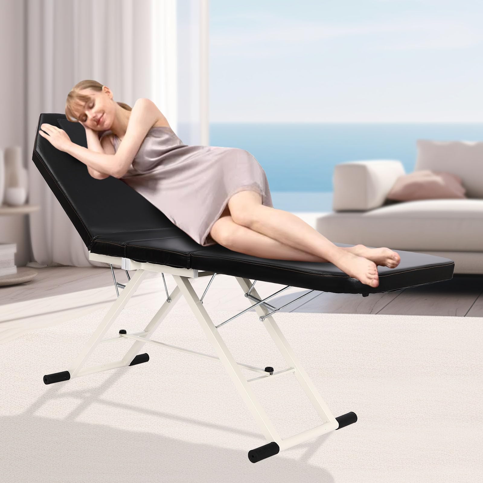 Camilla de masaje plegable con ajustable 70°+45° y almohada, capacidad de carga de 250 kg, portátil, plegable en 3 zonas, para spa, cosméticos, hogar, 182 x 61 x 60 cm, color negro