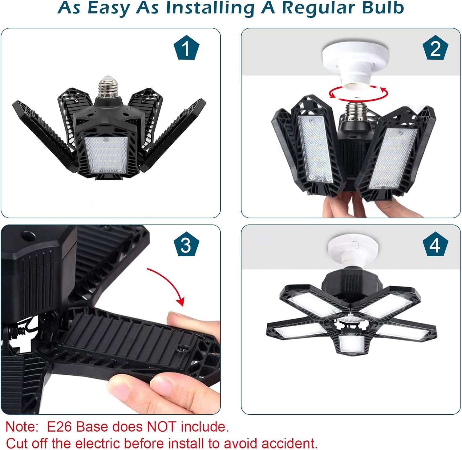 Crаzу Dеаlѕ LED Garage Lights, 100W Garage Lights, 10000LM E26 Deformable LED Garage Ceiling Lights, LED Shop Lights with 5 Adjustable Panels for Garage, Warehouse, Workshop, Basement (Black)