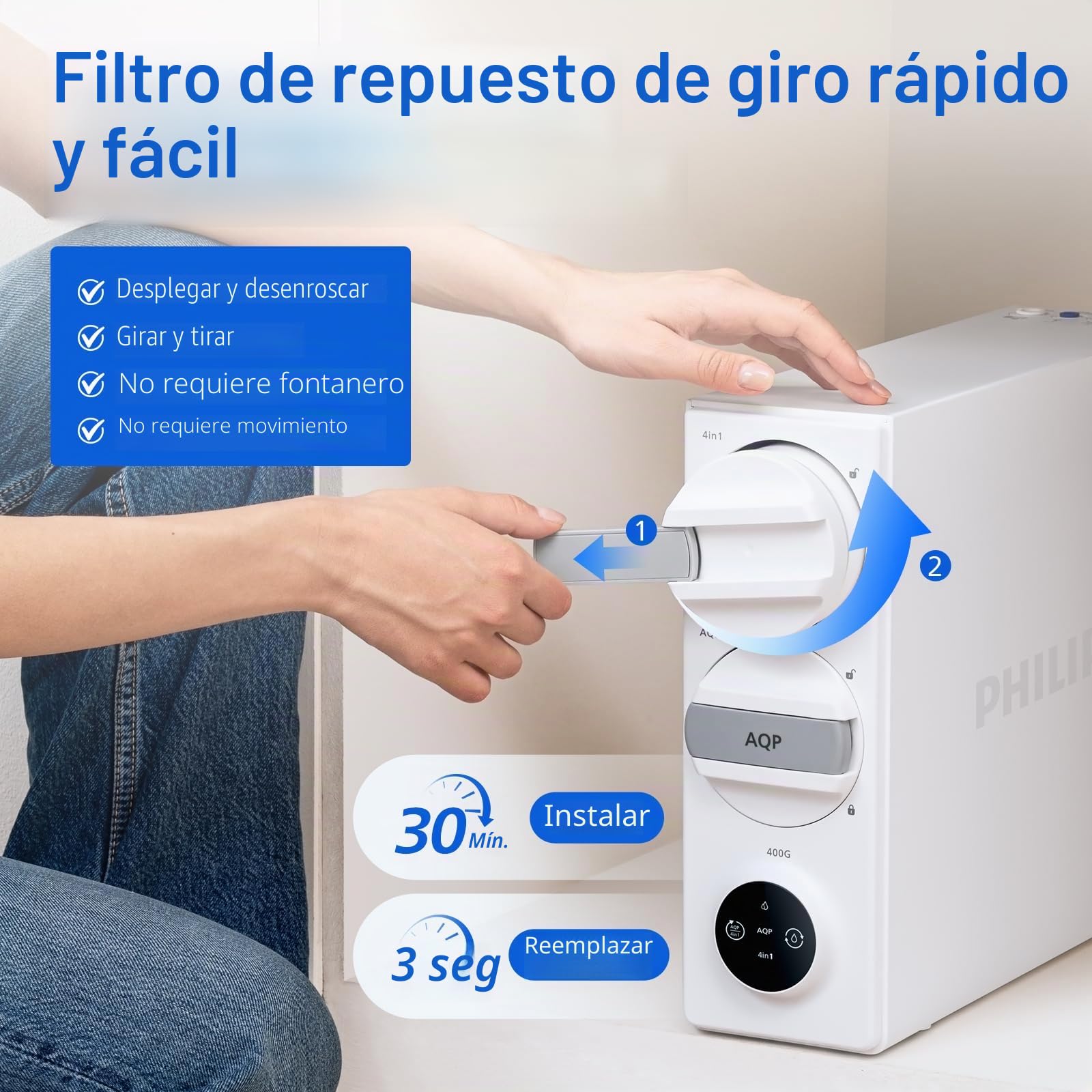 Filtro de agua de ósmosis inversa debajo del fregadero, purificador de agua compacto sin tanque Philips de 5 etapas, sistema de ósmosis inversa certificado NSF/ANSI 372, 2:1 puro para drenar