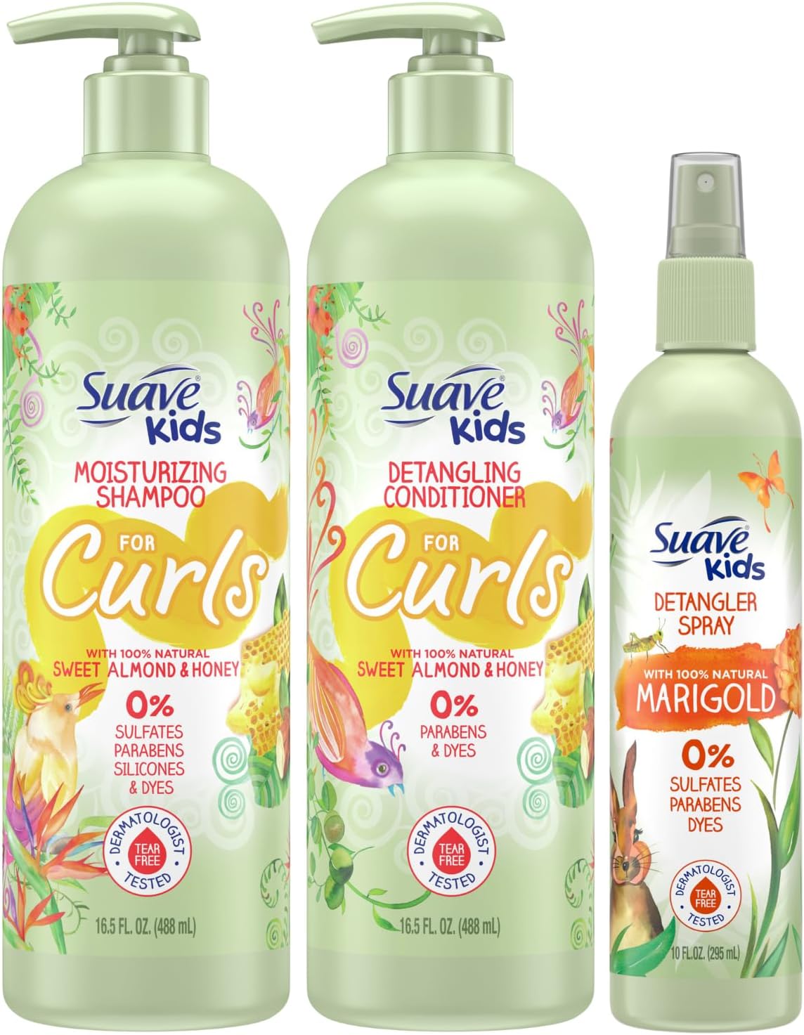 Kids Shampoo & Conditioner for Curls, Sweet Almond & Honey 2-Pack + Detangler Spray for Kids with 100% Natural Marigold, Dermatologist-Tested & Tear Free