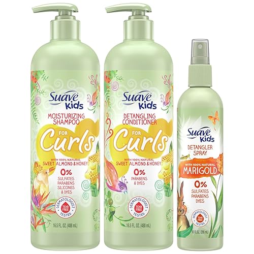 Suave Champú y acondicionador para rizos, almendra dulce y miel, paquete de 2 unidades + espray desenredante para niños con caléndula 100% natural,