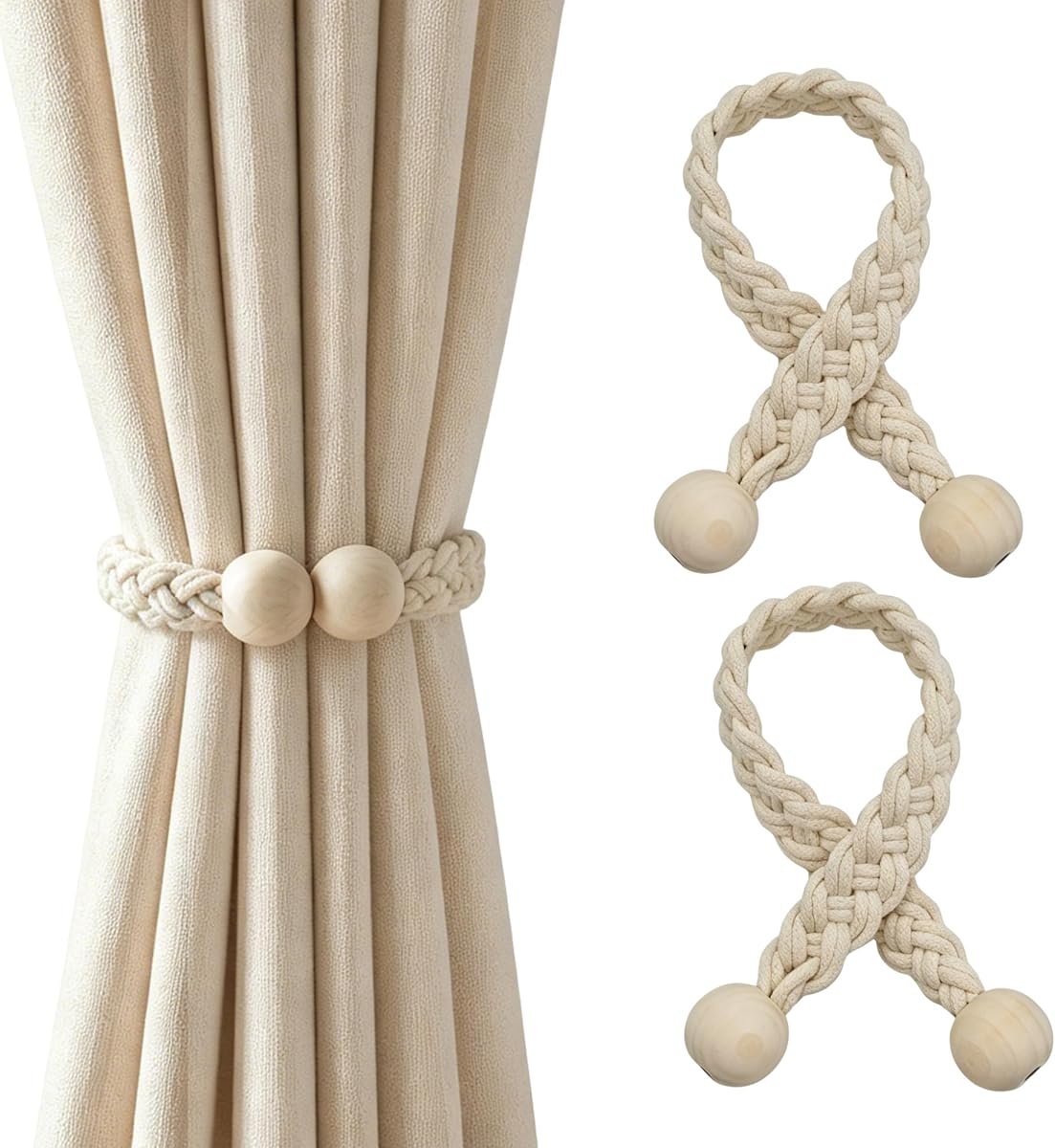 2 Pack Braided Magnetic Curtain Tiebacks Boho Rope Drape Holdbacks, Beige