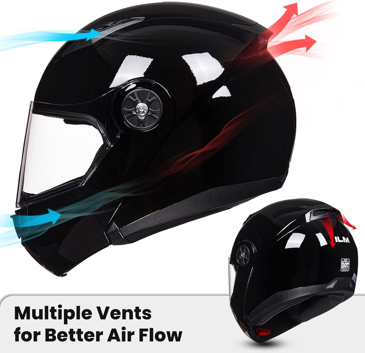 ILM Flip Up Full Face Modular Motorcycle Helmet for Adults Men Women Cascos para Motos Street Bike Motocross Helmet DOT 115(Gloss Black,Medium)