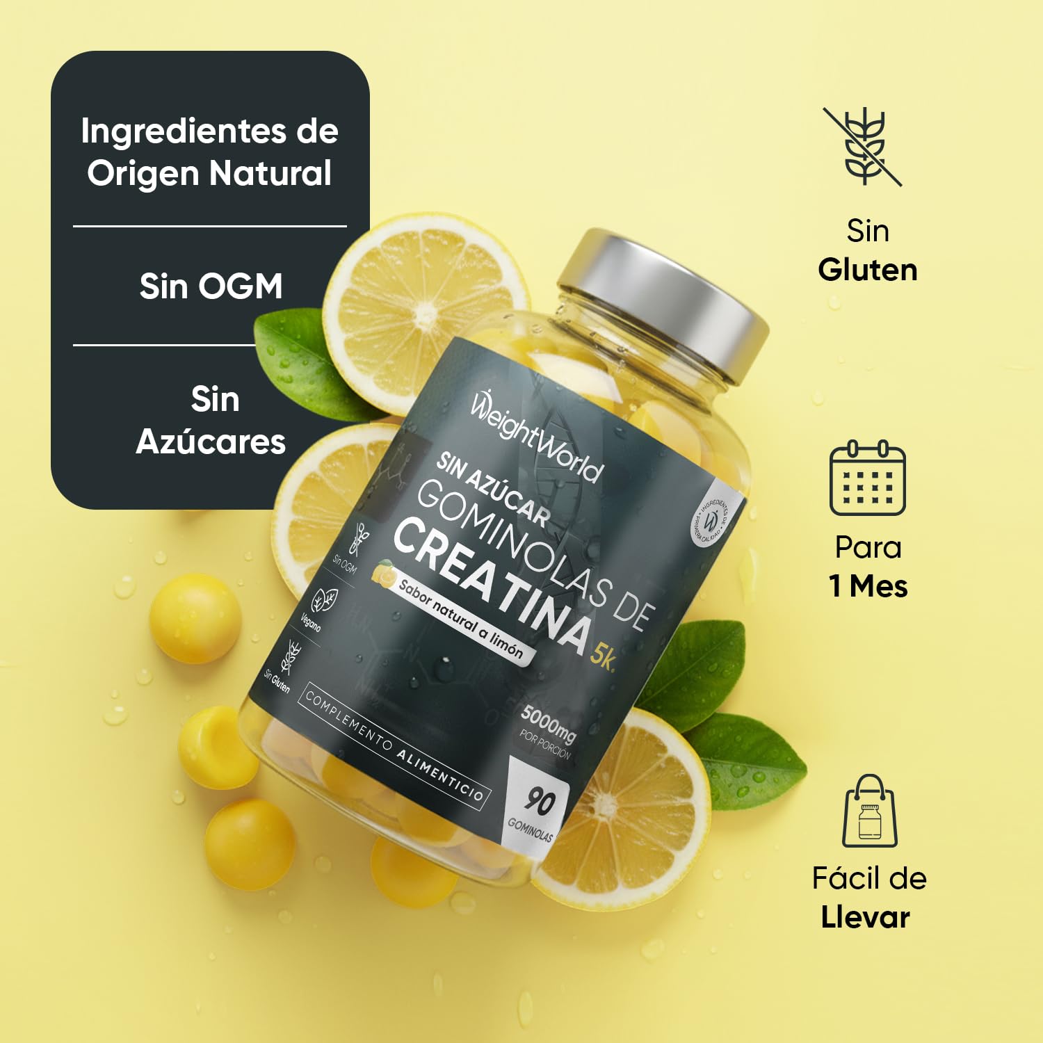 Gominolas de Creatina Monohidratada 5000mg - Gomitas Pre Entreno Sabor Limón de Creatina Monohidrato Sin Azúcar ni Gluten - Suplemento para el Gym, Sin OGM