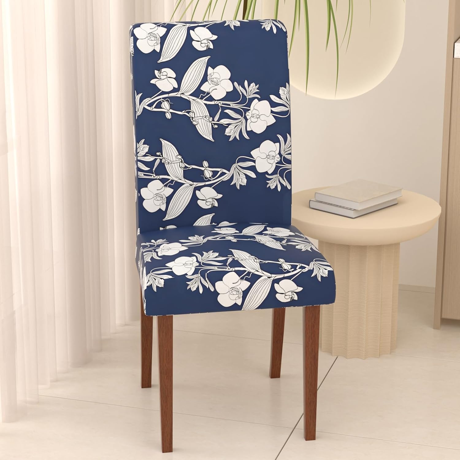 Gdmhy Stretch Dining Chair Covers Set of 6,Floral Print Chair Covers,Soft Removable Washable,Pet Friendly Furniture Protector,Universal Chair Slipcovers for Home, Kitchen,Ceremony Dining Room Seat Navy Blue + Camellias 6PCS