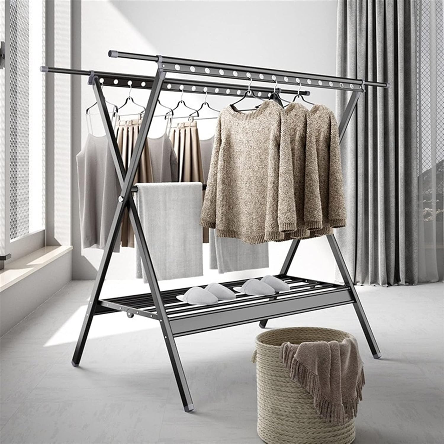 Clothes Drying Rack Rack, Foldable and Retractable Racks for Laundry, Heavy Duty Aluminum with Storage Wind Hooks Indoor Outdoor Laundry,