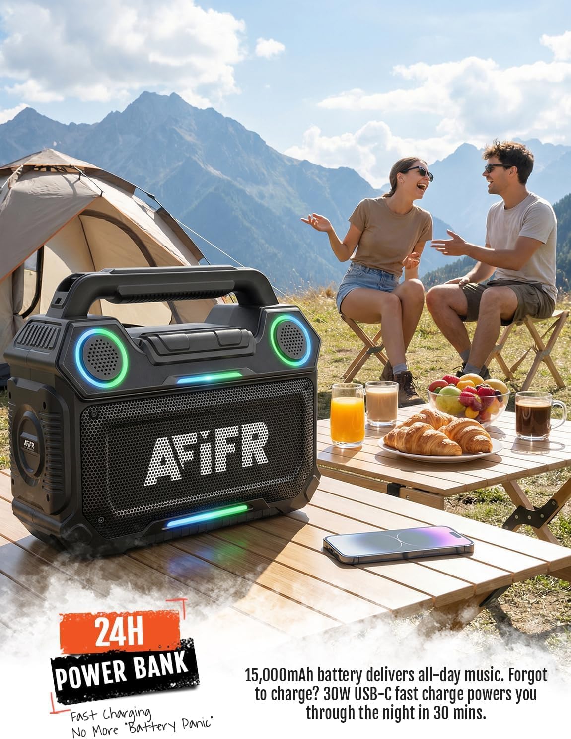 Outdoor Bluetooth Speaker, 160W Loud Bass! Rugged, IP67 Waterproof, 24H Playtime with Lights, Wireless TWS Pairing Portable Speakers for Party, Outsides, Travel, Beach, Garage (Jungle Moss)