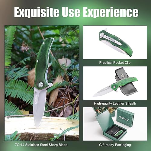 Miniatura 7 de OSAIV Cuchillo de madera plegable de bolsillo, velocidad segura de apertura asistida por resorte, cuchillos tácticos EDC con bloqueo de forro,