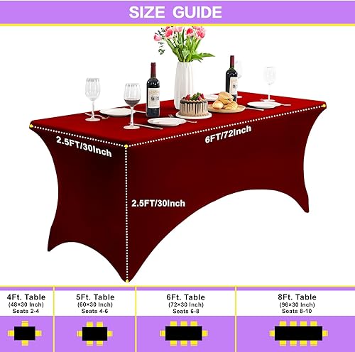 Miniatura 5 de Paquete de 2 manteles rectangulares de 6 pies para mesa rectangular, color borgoña, elásticos, de elastano, de 6 pies, para cumpleaños, cóctel,