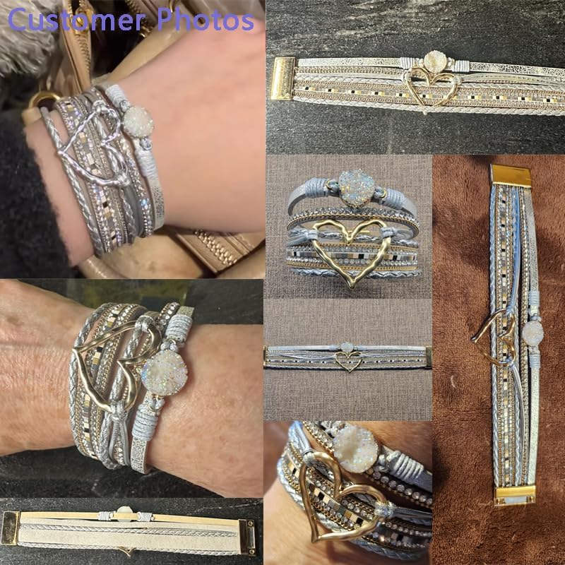 Women's Gray Bohemian Multilayer PU Leather Bracelet with Heart Charm Strong Clasp Handmade Boho Bracelet Gift for Women - Image 6