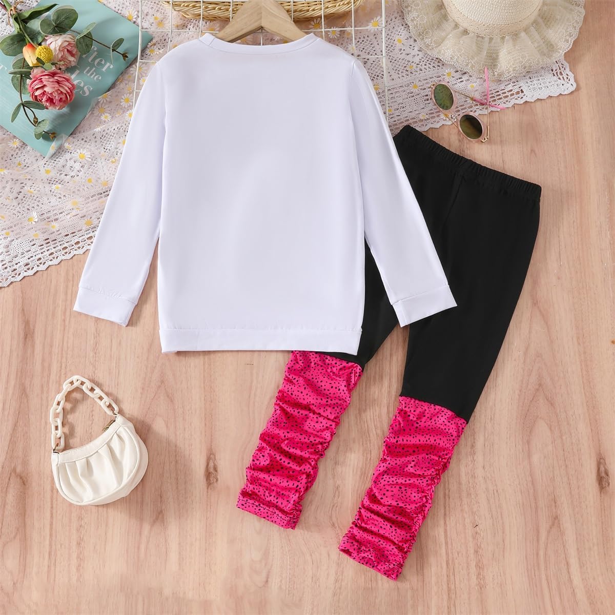 Kids Toddler Girls Clothes Figure Graphic Drop Shoulder Top Pullover Spotted Print Pants Fall Winter Outfit Set 6-7 Years Hot Pink image 7 of 7 B0D5QX87SM