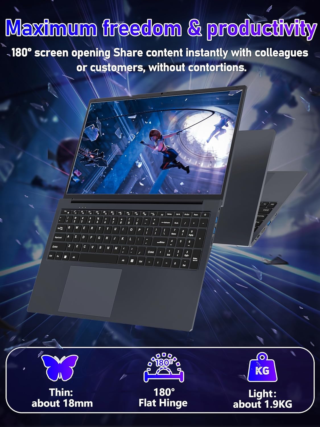 17,3 Zoll Laptop,16GB DDR4 RAM,1TB SSD,N150(Beat N95 N5095) | bis zu 3,6 GHz,FHD IPS Display,Lange Akkulaufzeit, Beleuchtete Tastatur,Ziffernblock,Webcam,WiFi/Bluetooth/USB 3.0,Grau