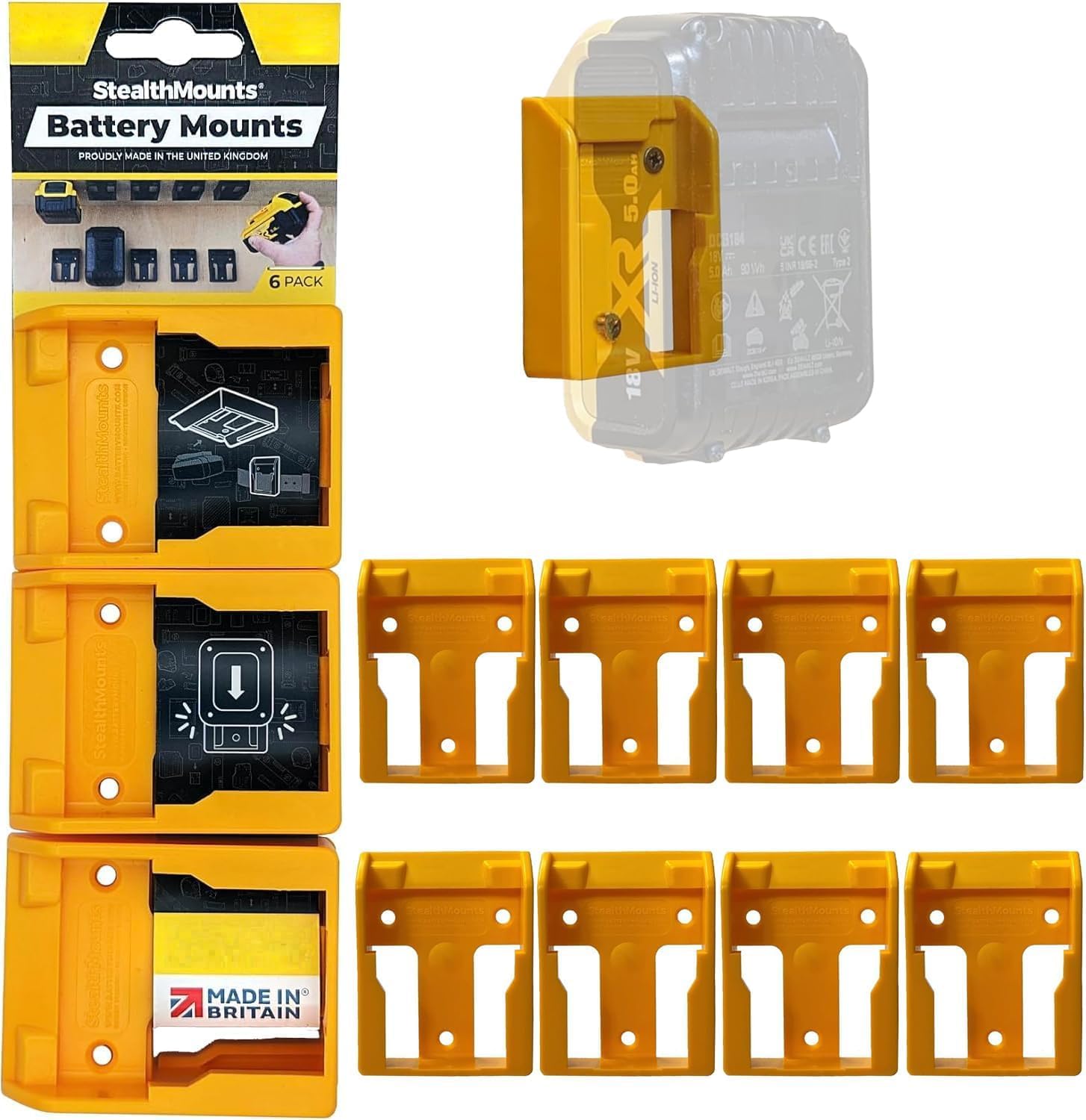 StealthMounts Battery Holder Compatible with DeWalt 20/60V Batteries (8 Pack) - Yellow | StealthMounts Battery Mounts | Made in the UK