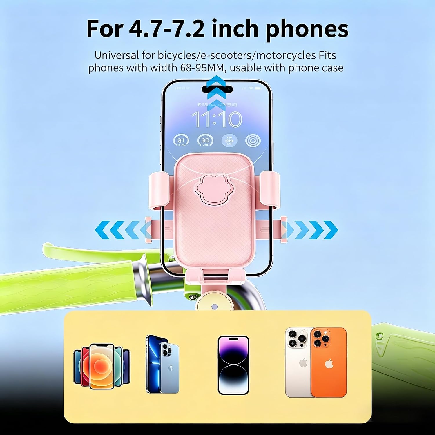 Sleek Bike Phone Mount for Women, Universal 4.7-7.2 Inch Anti Shake Phone Holder, 360 Adjustable Handlebar Mount with Secure Claw & Helmet Hook, Fit Bicycle Treadmill Scooter Motorcycle （Pink）