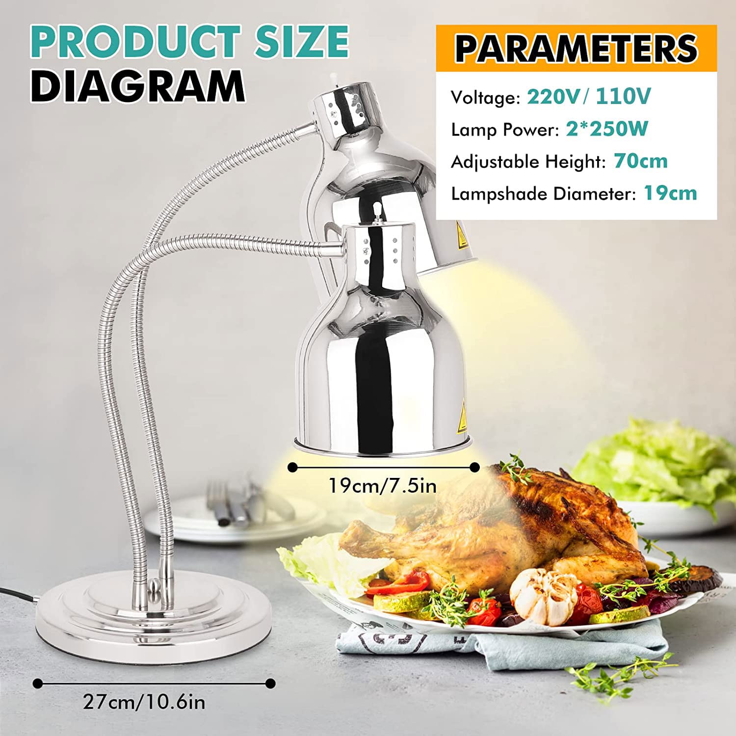 Restaurant Heating Lamp Freestanding Food Heating Infrared Food Warming Lamp for Home Kitchen Restaurant Buffet Keep Warm Portable Electric Heater Lamp 250w (Gold-2)