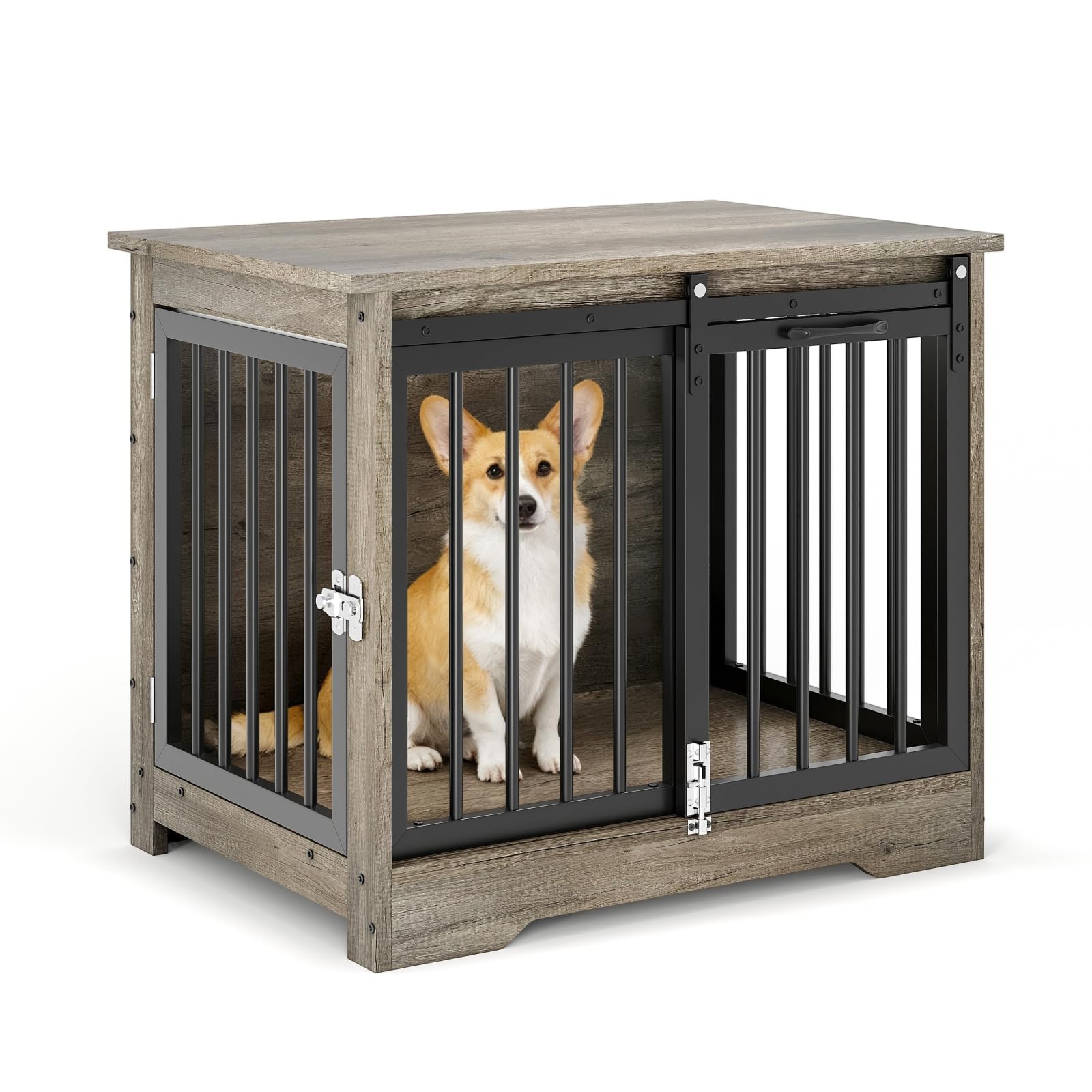Dog Crate Furniture, 81cm Large Wooden Dog Cage with Barn Door, Anti-Chew Anti-Escape End Side Table Lockable Animal House, Indoor Pet Kennel for Small Medium Dogs 81 x 55 x 68 cm - Grey
