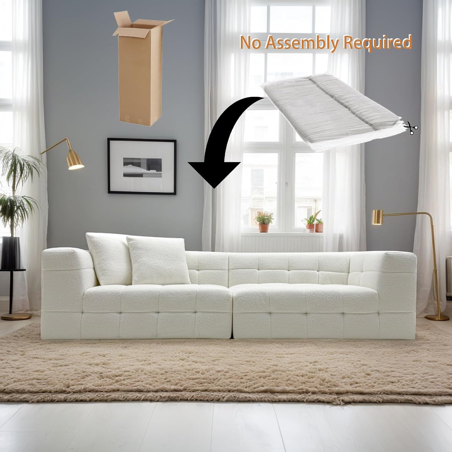 MEISIMAN 110”Modular Sectional Sofa, Cloud Couch - Compressed Sofa, Soft Teddy Fabric & Memory Foam Couch for Living Room, No Assembly Required (White)