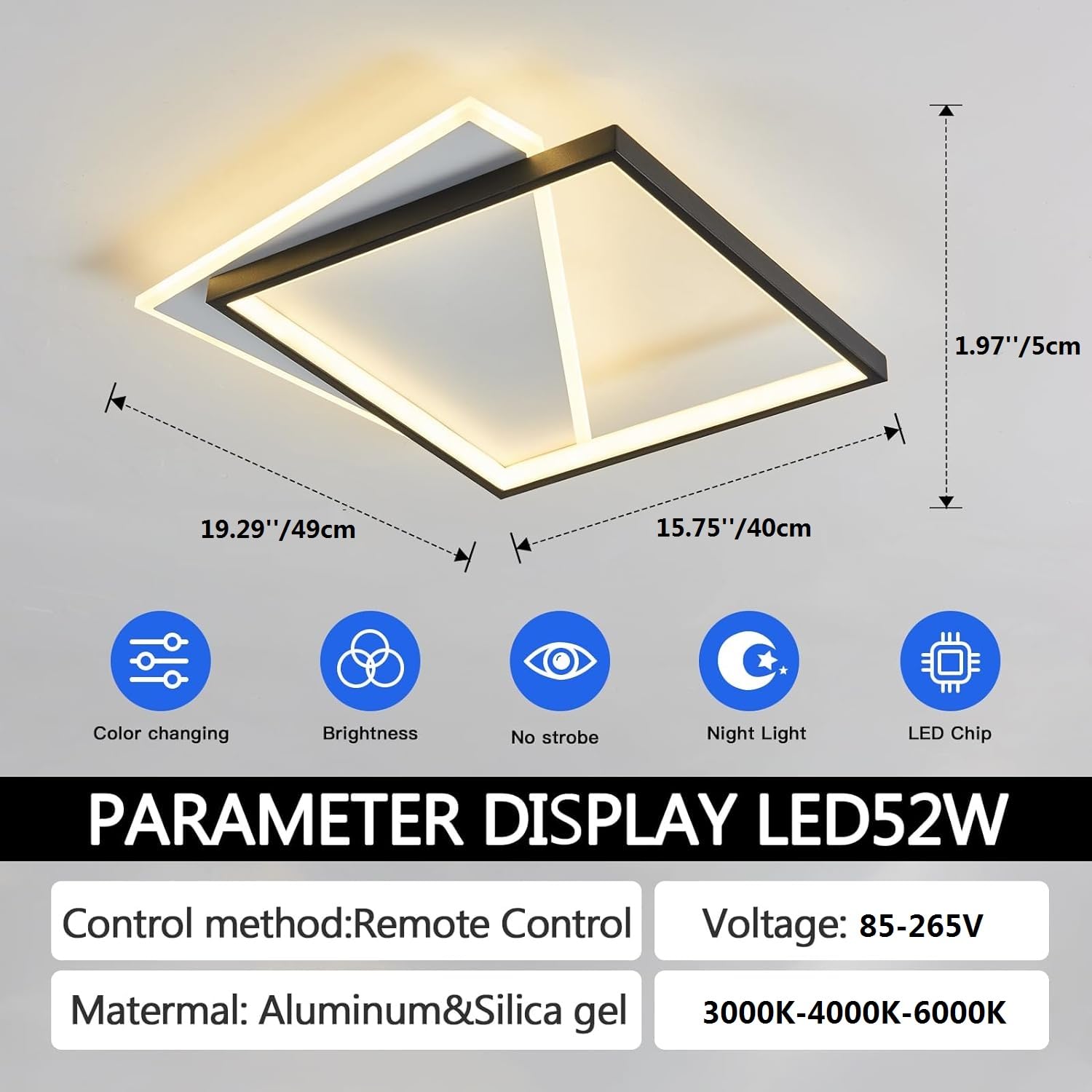 Plafón LED 52W Fácil De Instalar Modernos Lampara De Techo Para Dormitorios Salones Cocina Blanco Frío 6000K Cuadrado Ø49CM