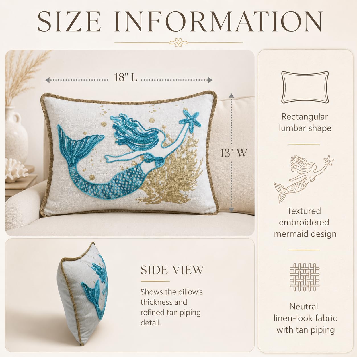Comfy Hour Almohada de sirena de 18 x 13 pulgadas, decoración costera de estrella de mar | Estrella de mar, poliéster bordado azul azulado y dorado, decoración náutica para sofá, cama, sofá, oficina