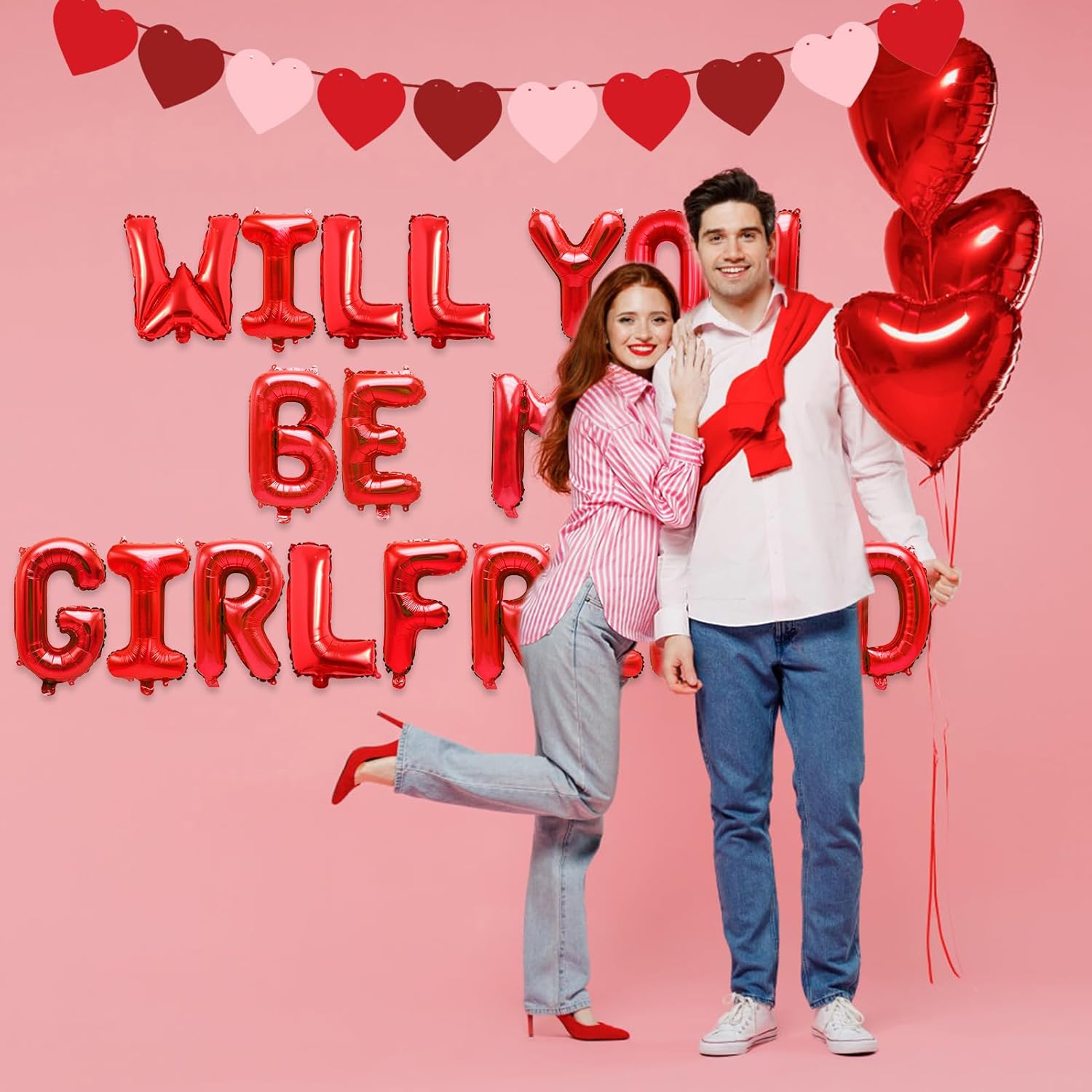 Red Will You Be My Girlfriend Balloons, Confession Balloons Decor 18" Letter Balloons 1000pcs Red Artificial Rose Petals 20Pcs Heart Balloons 33ft Red Ribbon Heart Pull Flag for Valentines Day - Image 4