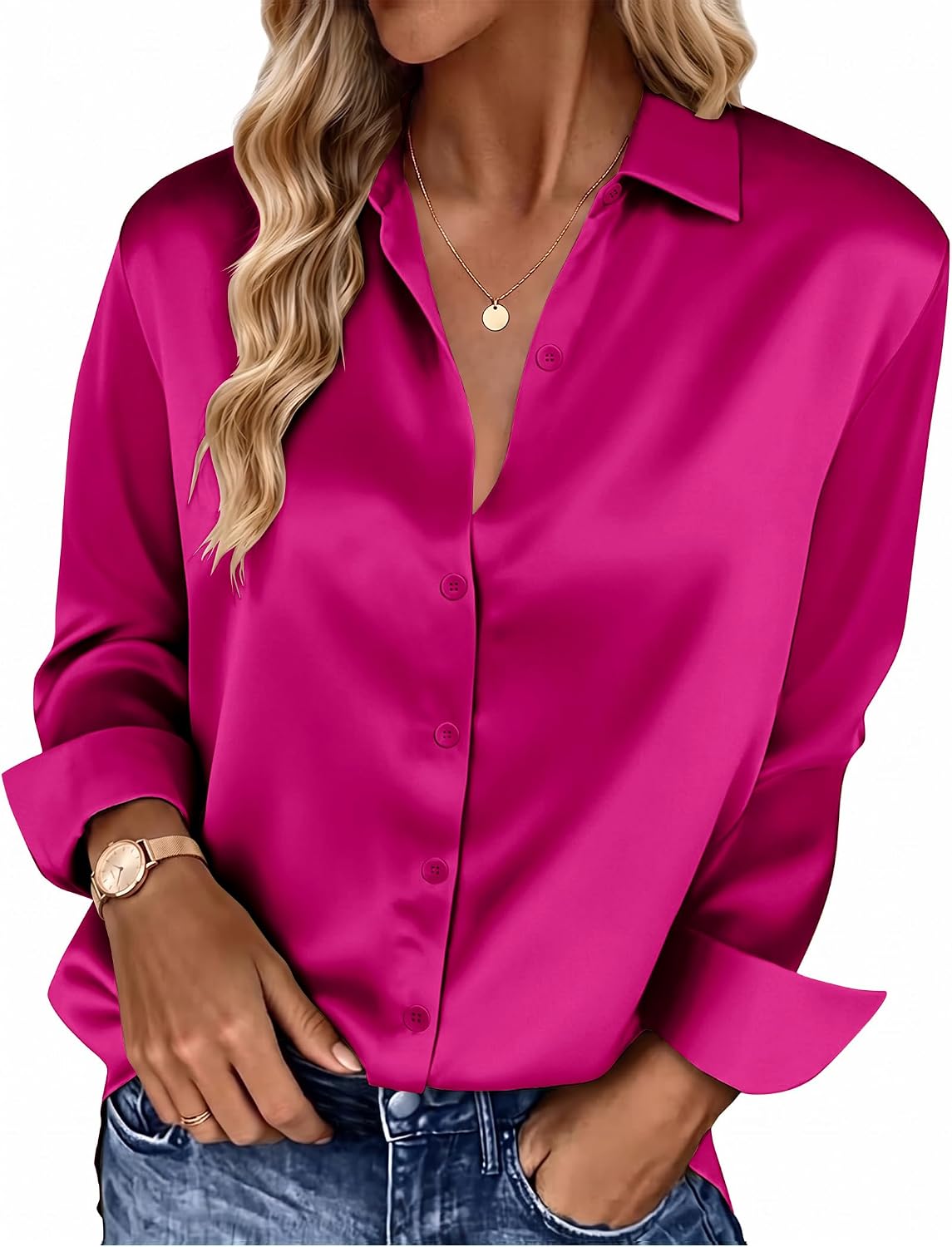 HOTOUCH Button Down Shirts for Women Satin Silk Collared Dressy Casual Blouses Loose Long Sleeve Office Work Tops