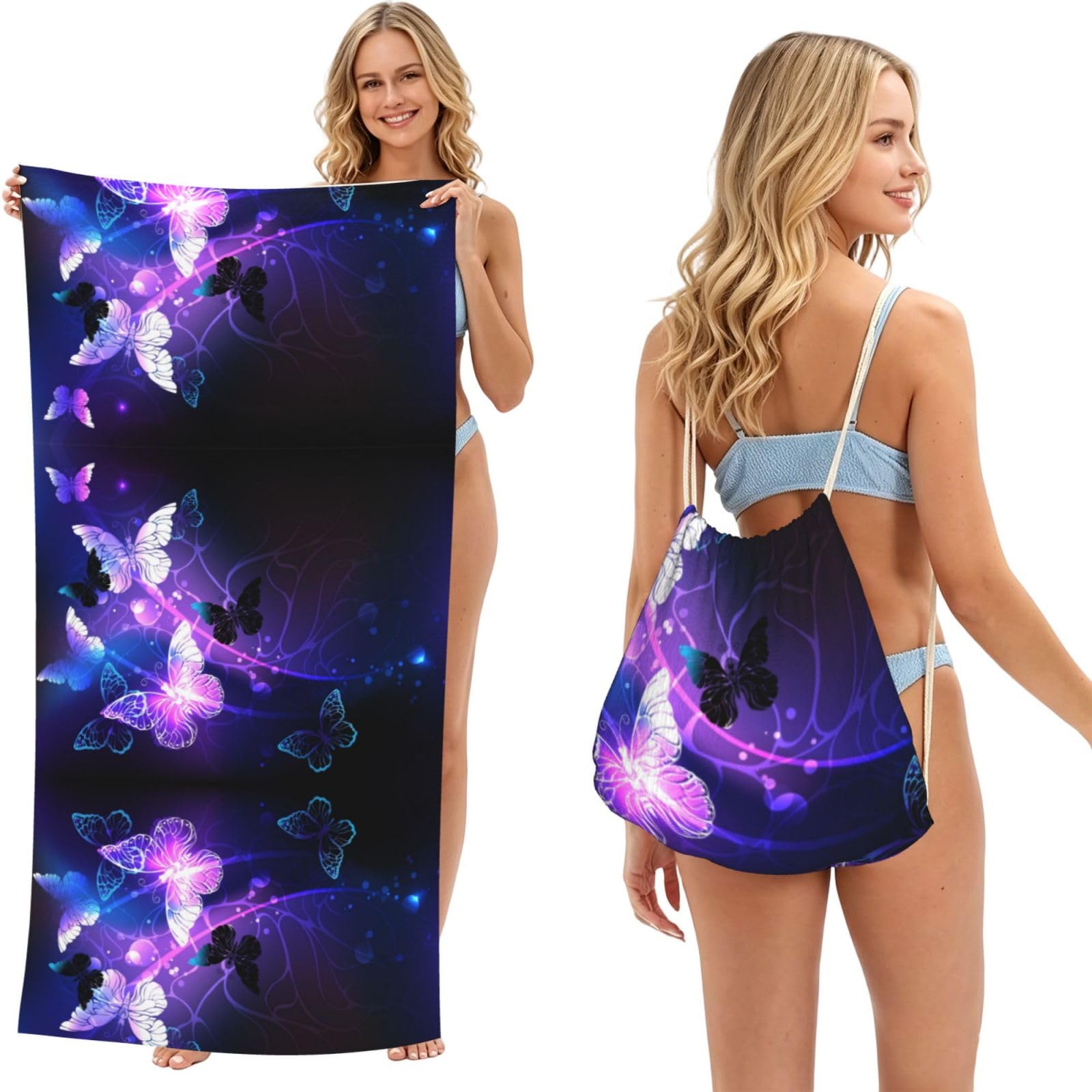 ESNAIUVCD Background With Night Butterflies Print Beach Towel For Adults,Towel With Drawstring Bag, Travel Pool Swimming Sports Shower Sand Free Quick Dry Bath Towel For Pool, Beach, Yoga- 180x60cm