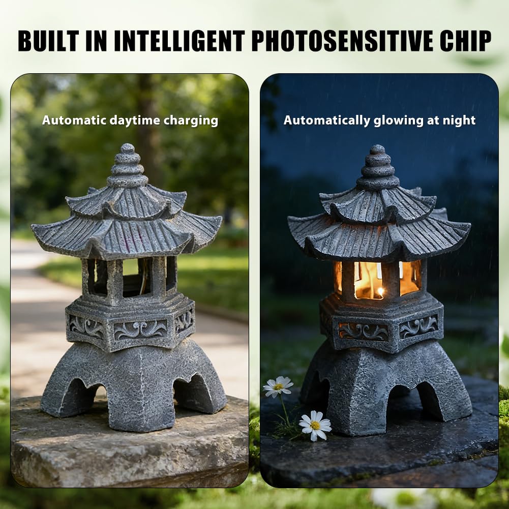 Lanterna in pietra giapponese da giardino, altezza 24 cm, lanterna solare a pagoda, lanterna da giardino giapponese in resina con illuminazione a LED solare per interni ed esterni, decorazione da