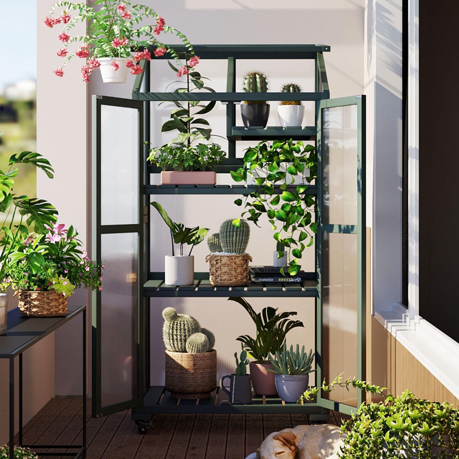 62inch Height Wood Large Greenhouse Balcony Portable Cold Frame with Wheels and Adjustable Shelves for Outdoor Indoor Use, Forest Green Balcony, Outdoor, Ready