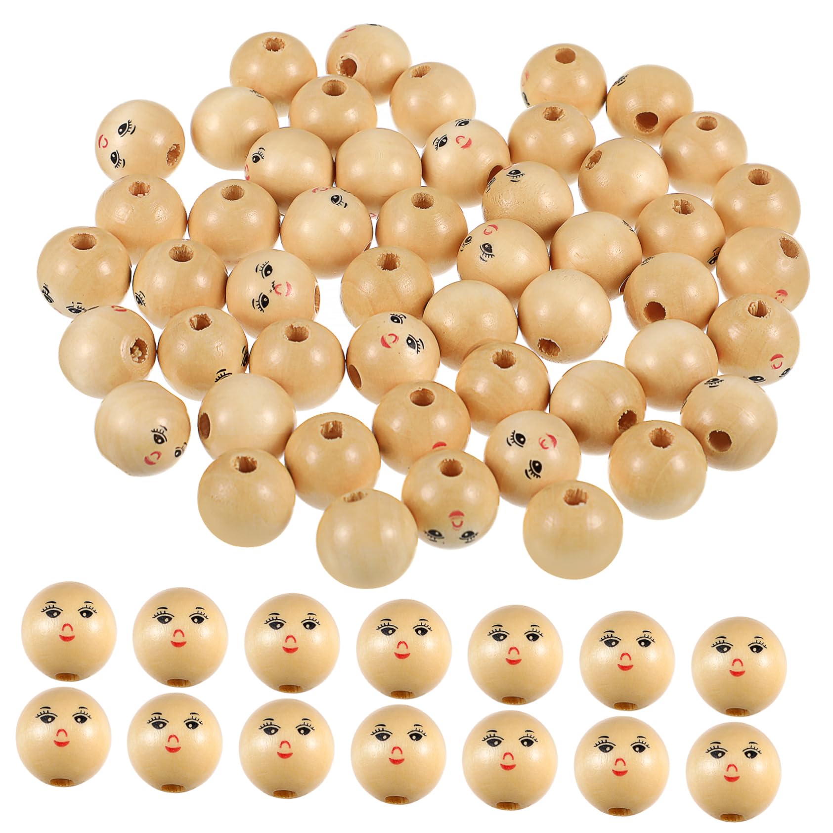 CLISPEED 50 Cuentas de Madera con Agujero y Cara Sonriente para Manualidades Diy, Color Caqui, Forma Redonda Adecuado para Hacer Pulseras y Abalorios Decorativos