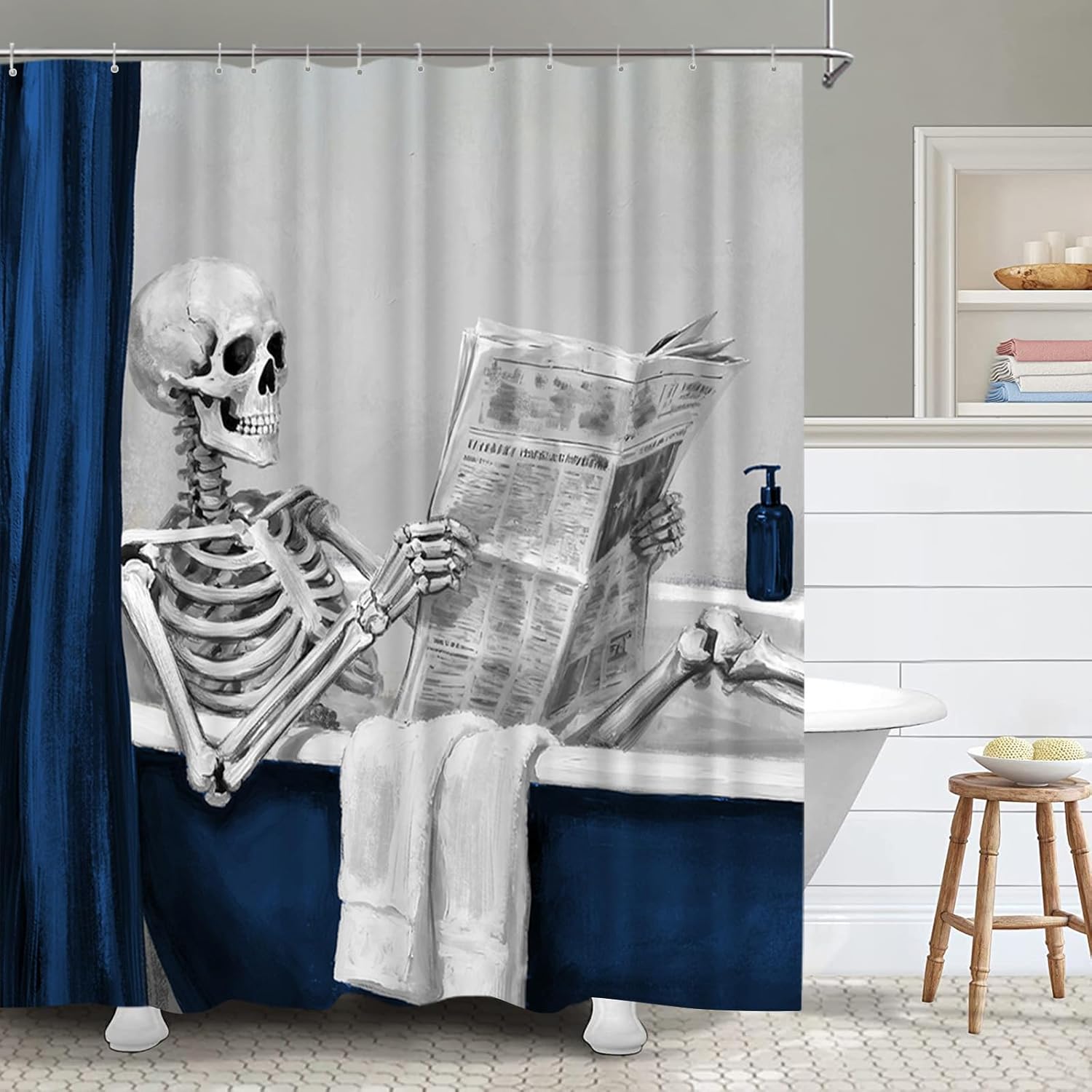Funny Skeleton Shower Curtain Blue and White Humor Bath Curtain Funny Bathroom Decor Skull Theme Gray and Blue 72''x72'' (Navy)