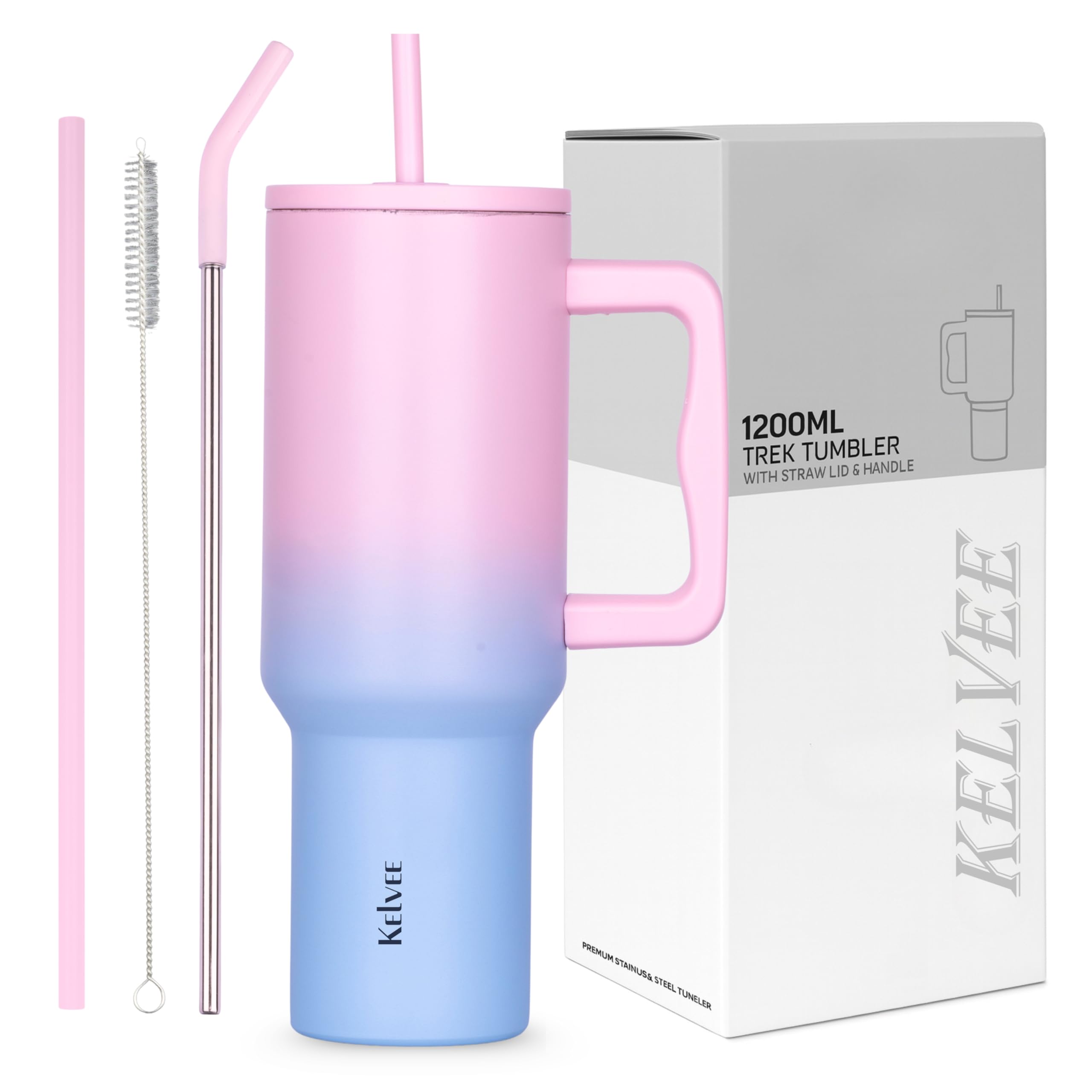 KELVEE 40oz Tumbler with Handle and Straw Lid, Reusable Cup Leakproof Iced Coffee Sipper Mug for Keeping Beverages Water Cold,Perfect for Travel, Gym 1.2L (Candy)