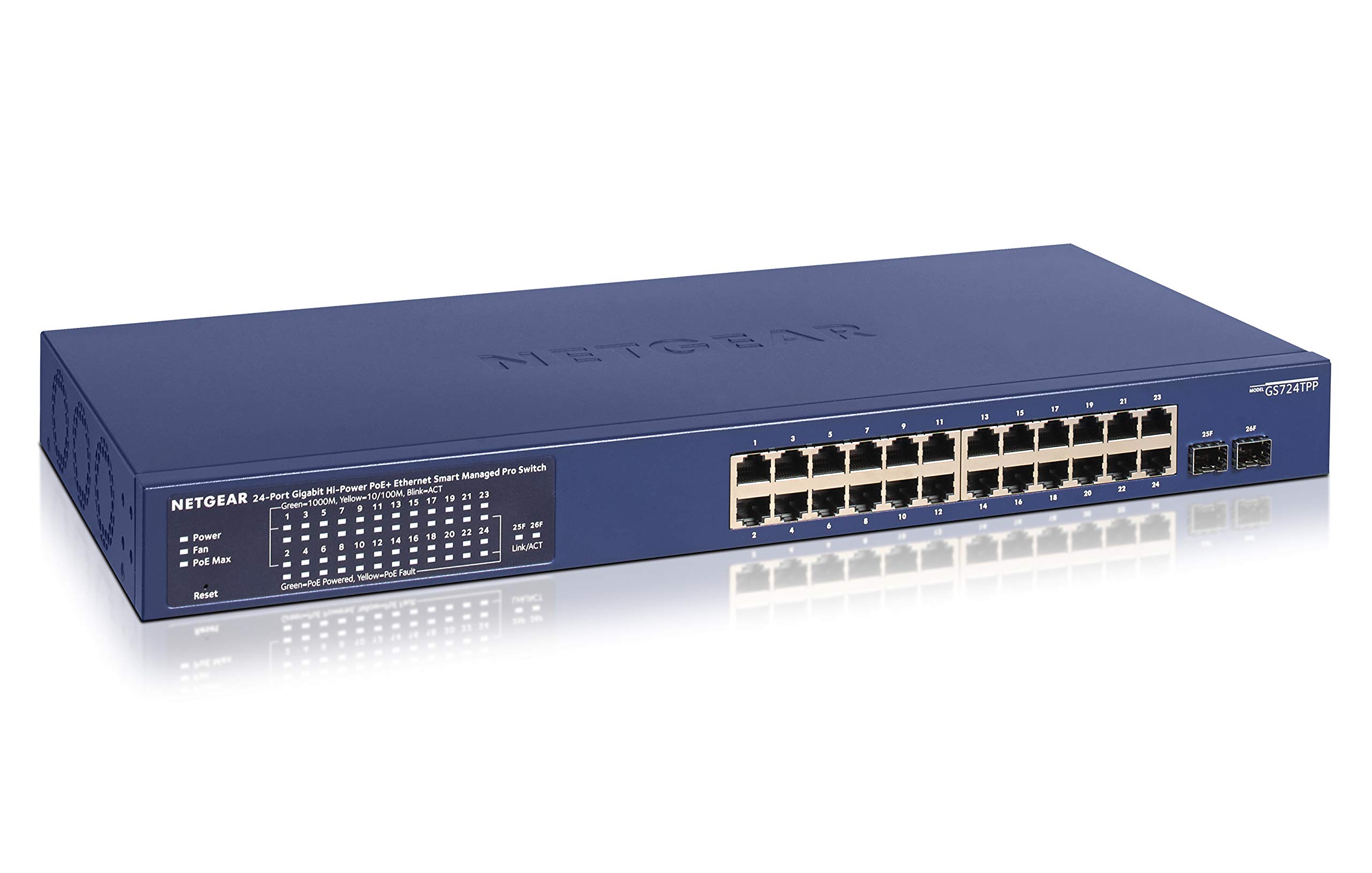 NETGEAR GS724TPP 24 Port Gigabit Ethernet LAN PoE Switch Smart (Netzwerk Switch Managed mit 24x PoE+ 380W, 2X 1G-SFP, Desktop oder 19 Zoll Rack-Montage, ProSAFE Lifetime-Garantie)
