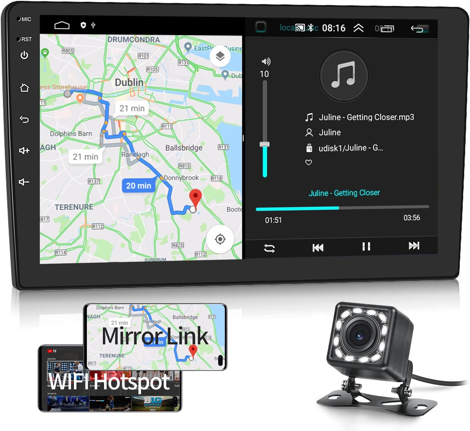 Podofo 10 Inch Android Double Din Car Stereo Radio Support Split Screen GPS Navigation Car Radio Touch Screen Head Unit with Bluetooth FM WiFi USB Mirror Link for Android/iOS Phone + Backup Camera